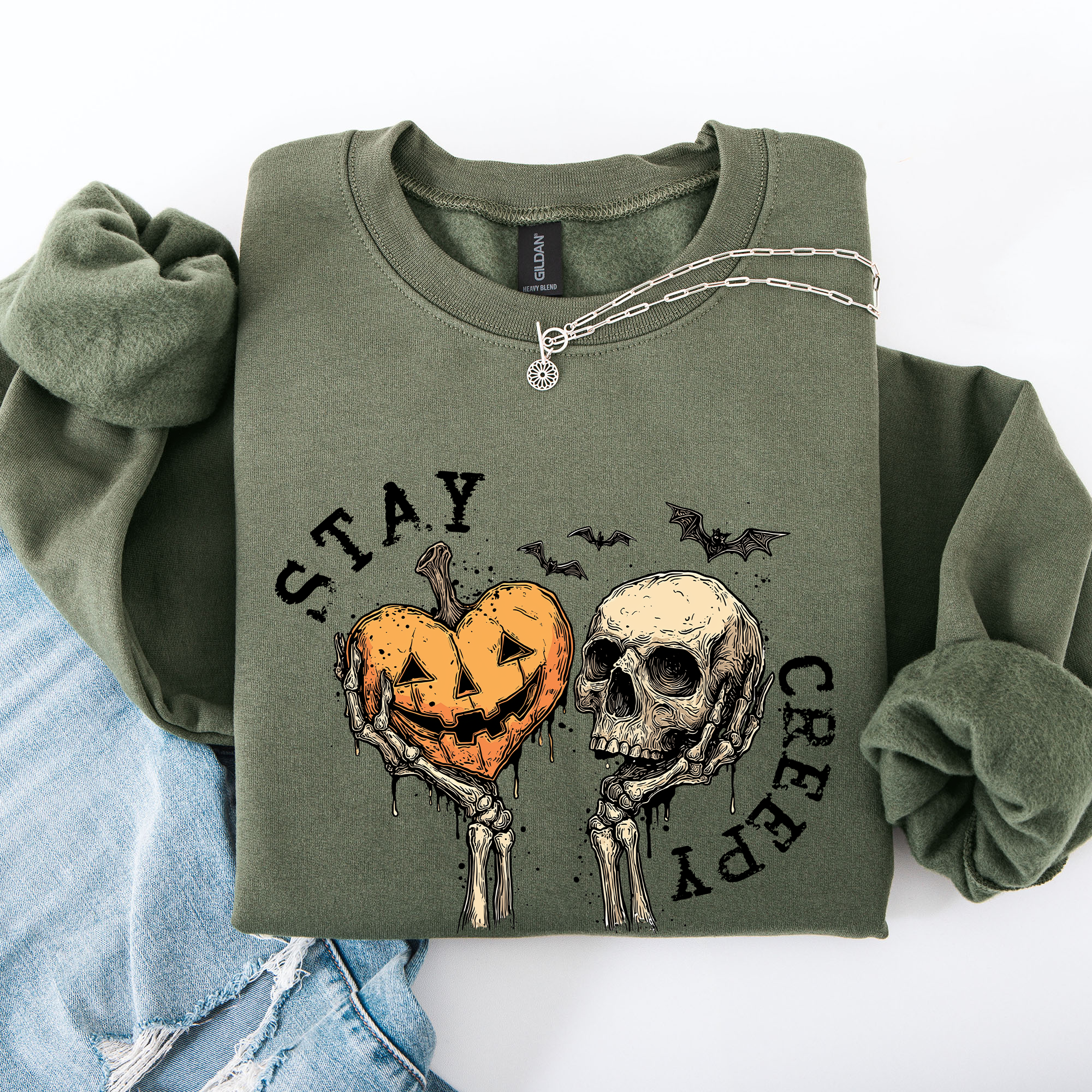 Stay Creepy Halloween Pumpkin Heart Skeleton Cute Bats Spooky Nightfall Gothic Adventure Sweatshirt