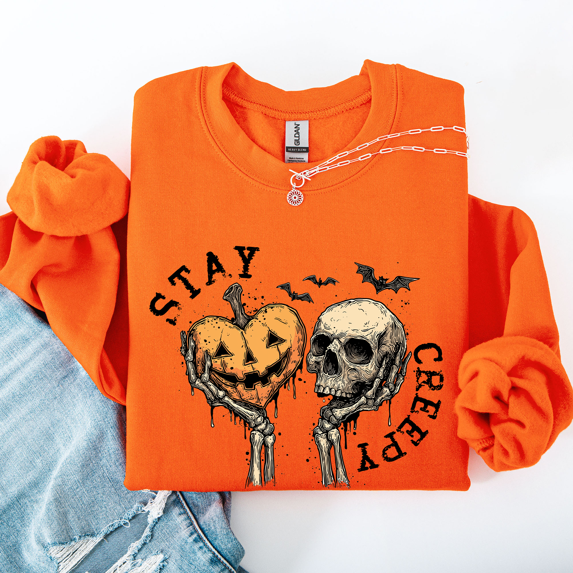 Stay Creepy Halloween Pumpkin Heart Skeleton Cute Bats Spooky Nightfall Gothic Adventure Sweatshirt