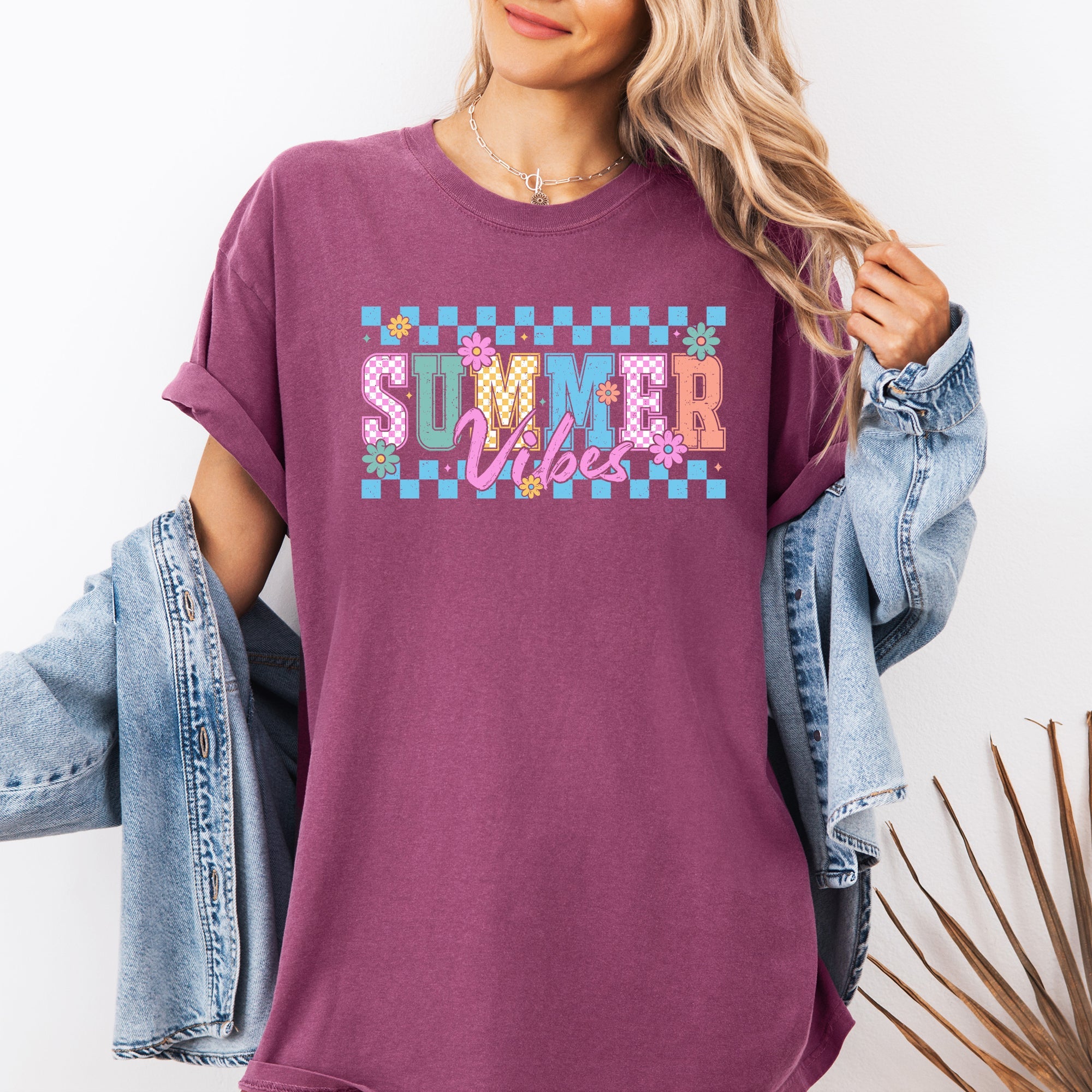 Summer Vibes Checkered Retro Floral Sunset Beach Edition Vintage Comfort Colors Tee