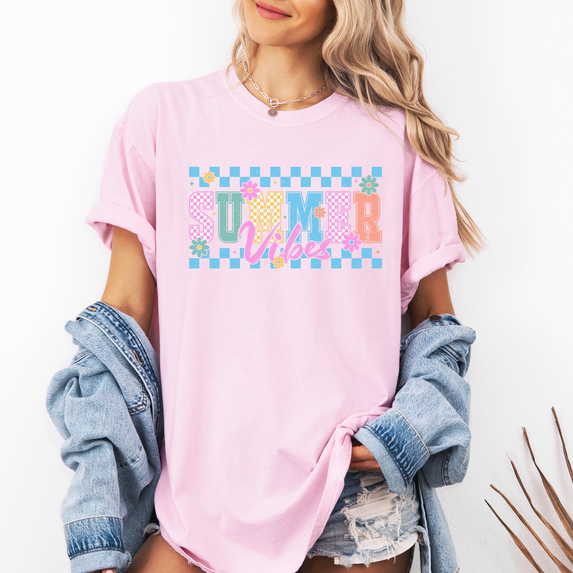 Summer Vibes Checkered Retro Floral Sunset Beach Edition Vintage Comfort Colors Tee