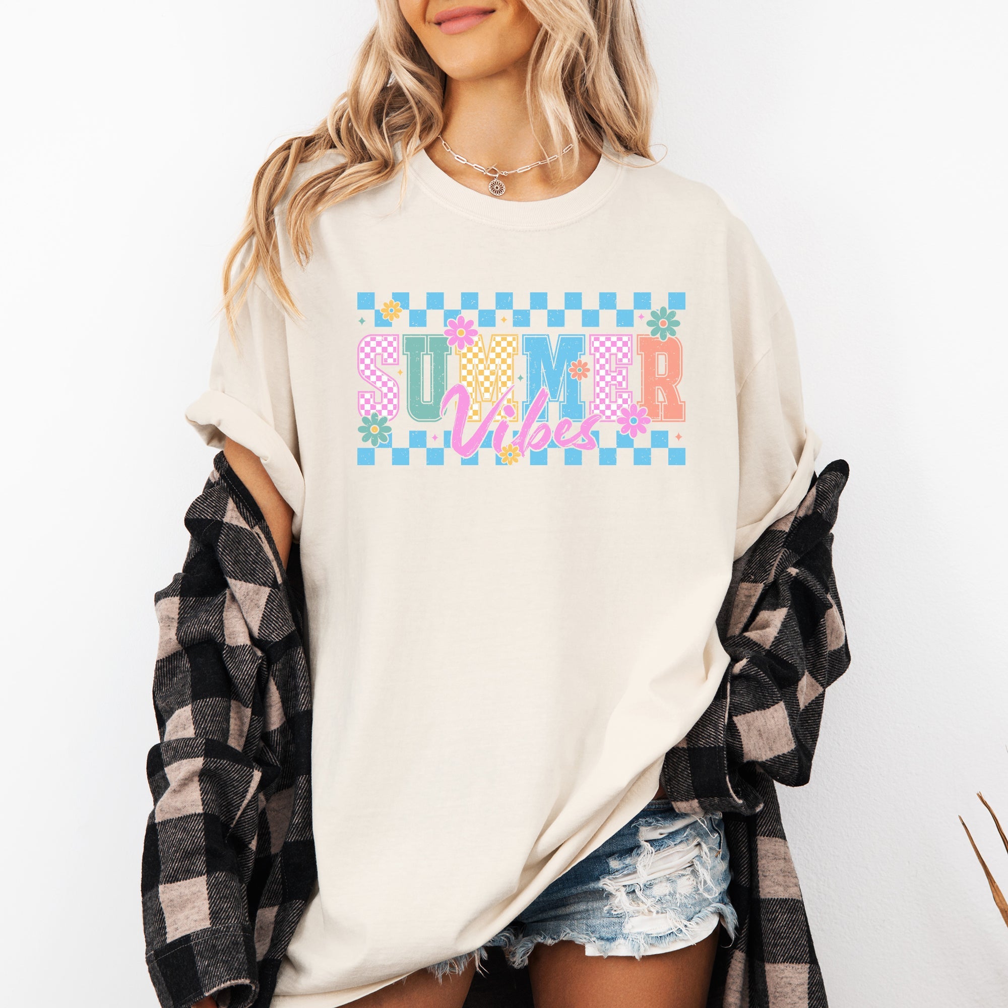 Summer Vibes Checkered Retro Floral Sunset Beach Edition Vintage Comfort Colors Tee