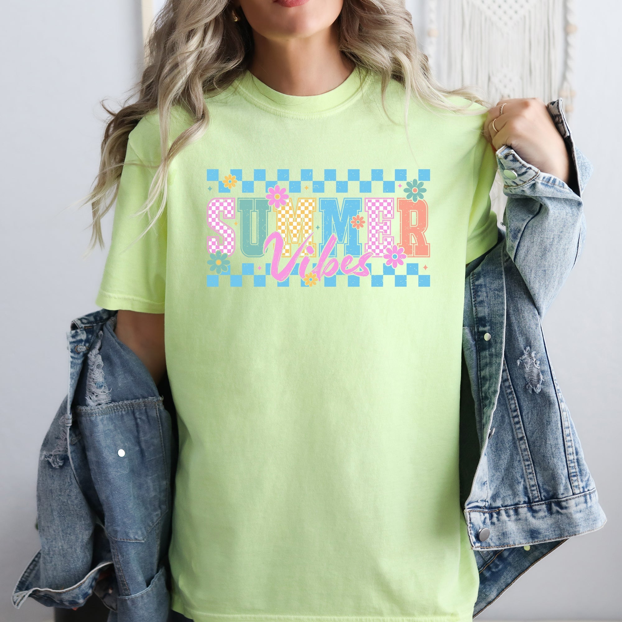 Summer Vibes Checkered Retro Floral Sunset Beach Edition Vintage Comfort Colors Tee