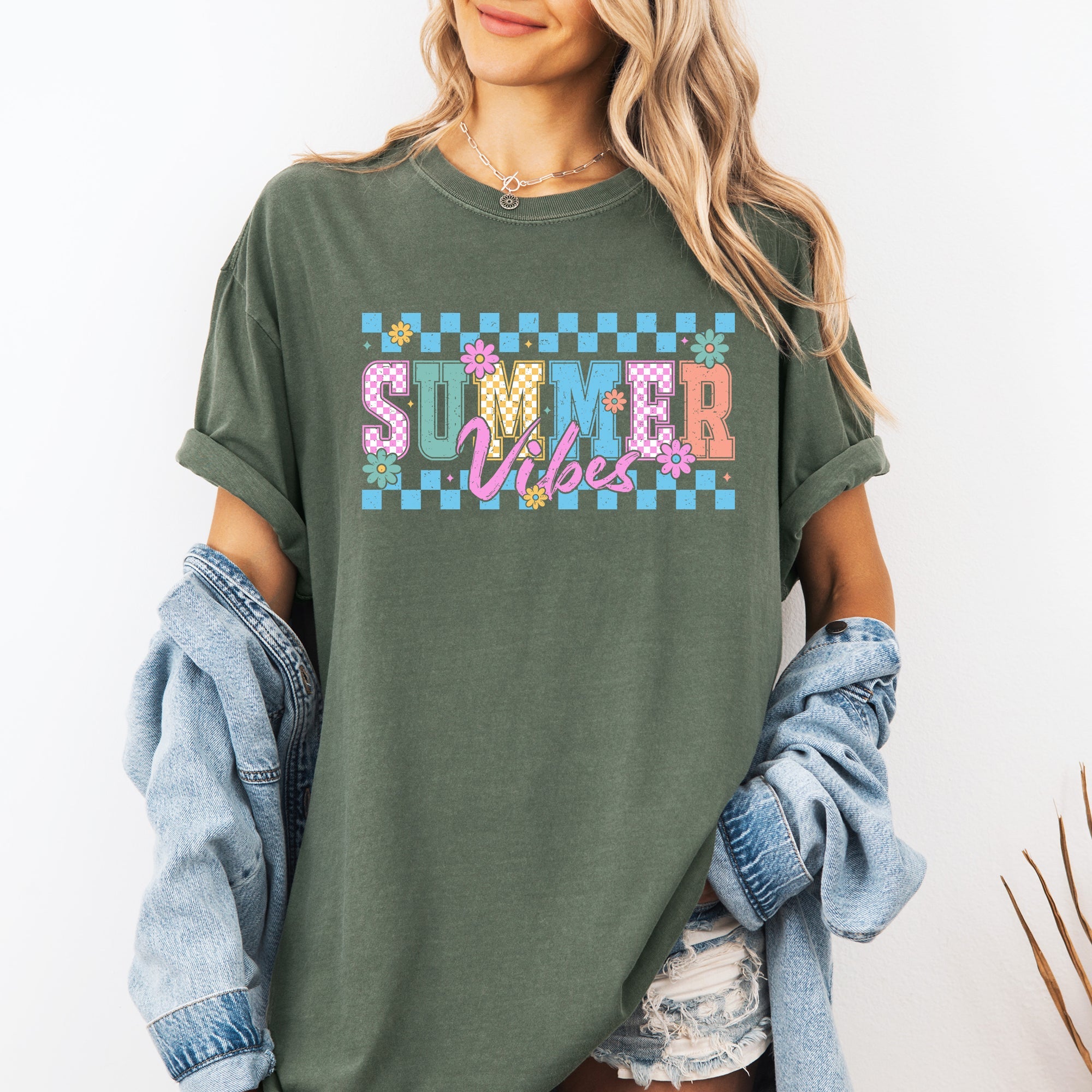 Summer Vibes Checkered Retro Floral Sunset Beach Edition Vintage Comfort Colors Tee