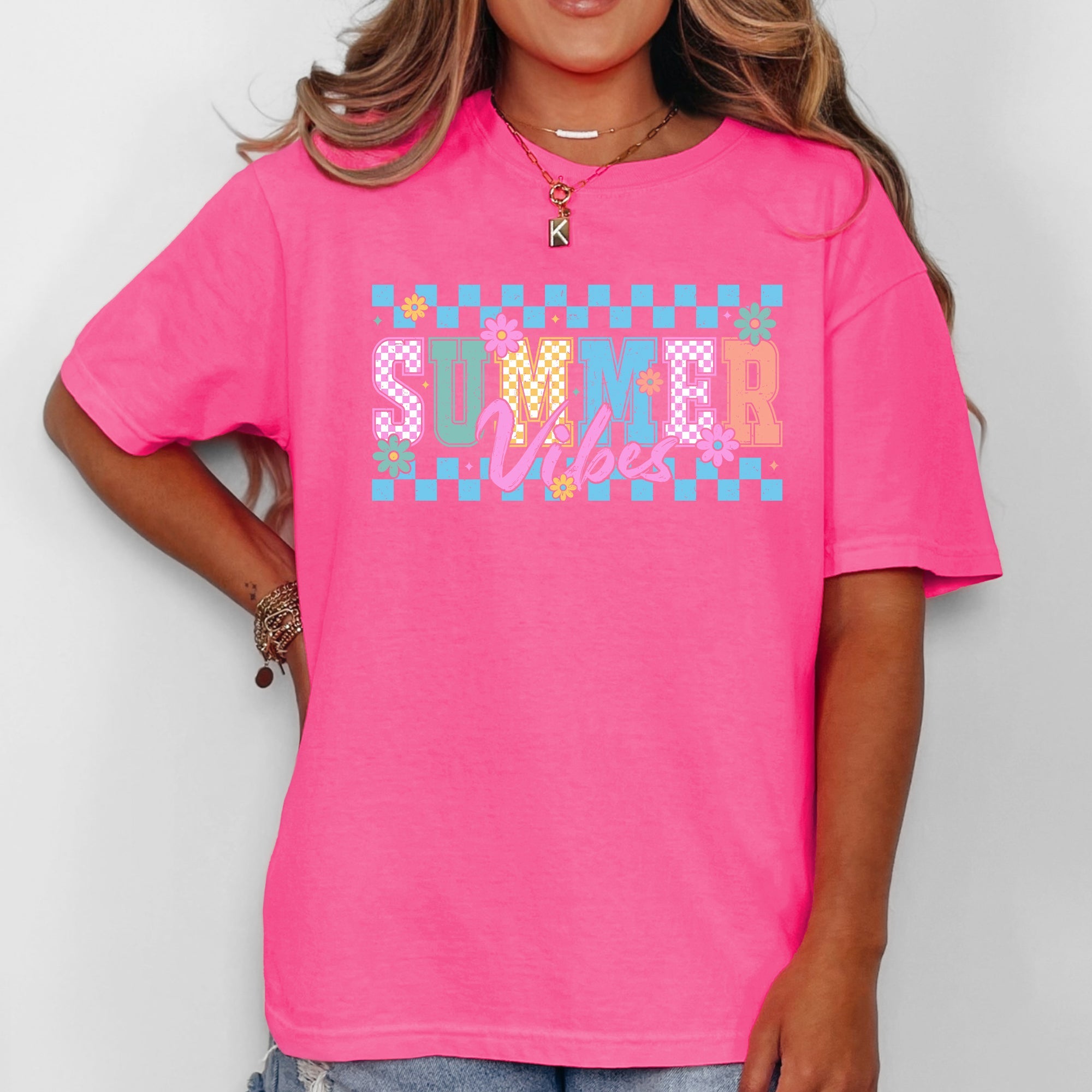 Summer Vibes Checkered Retro Floral Sunset Beach Edition Vintage Comfort Colors Tee