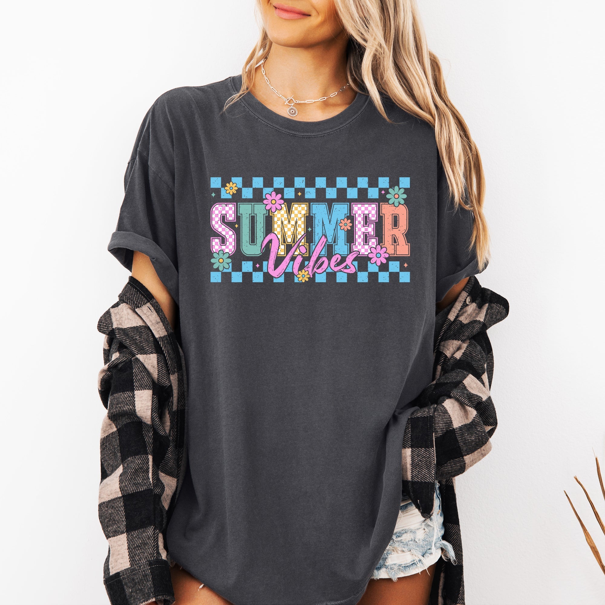 Summer Vibes Checkered Retro Floral Sunset Beach Edition Vintage Comfort Colors Tee
