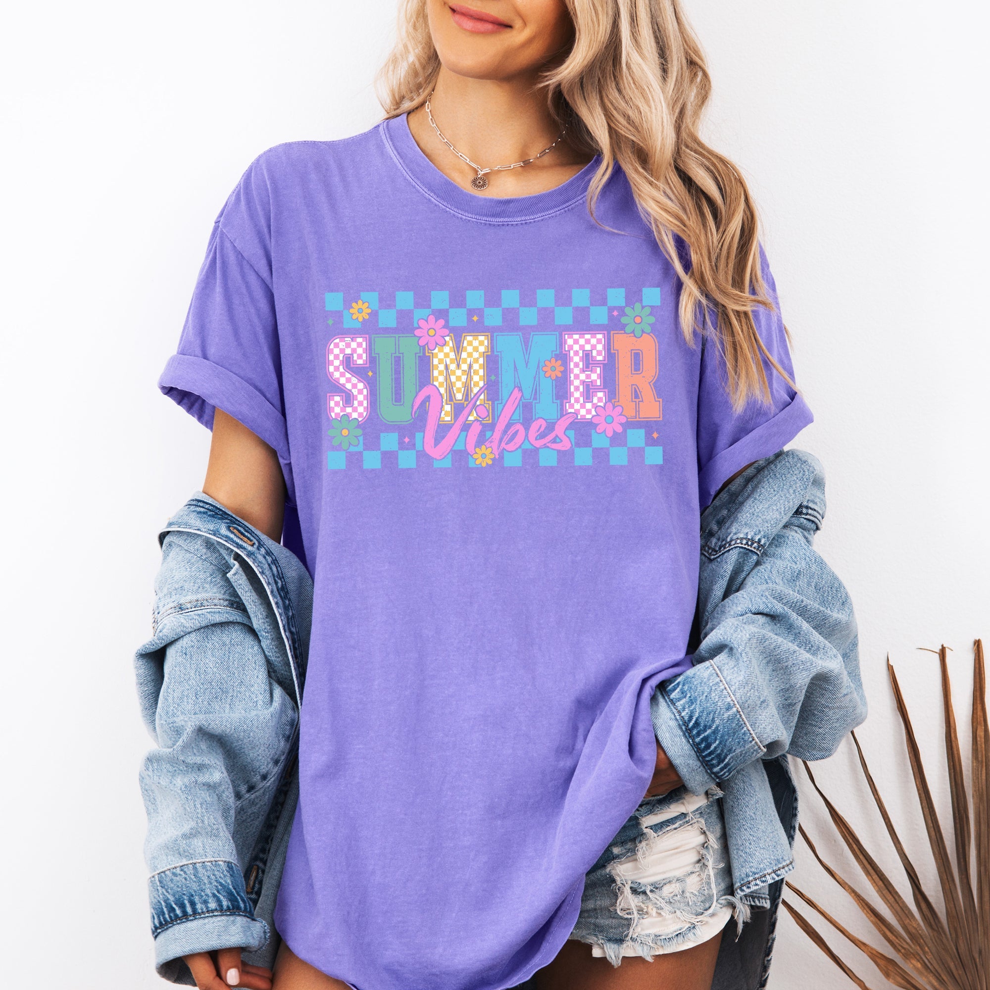 Summer Vibes Checkered Retro Floral Sunset Beach Edition Vintage Comfort Colors Tee