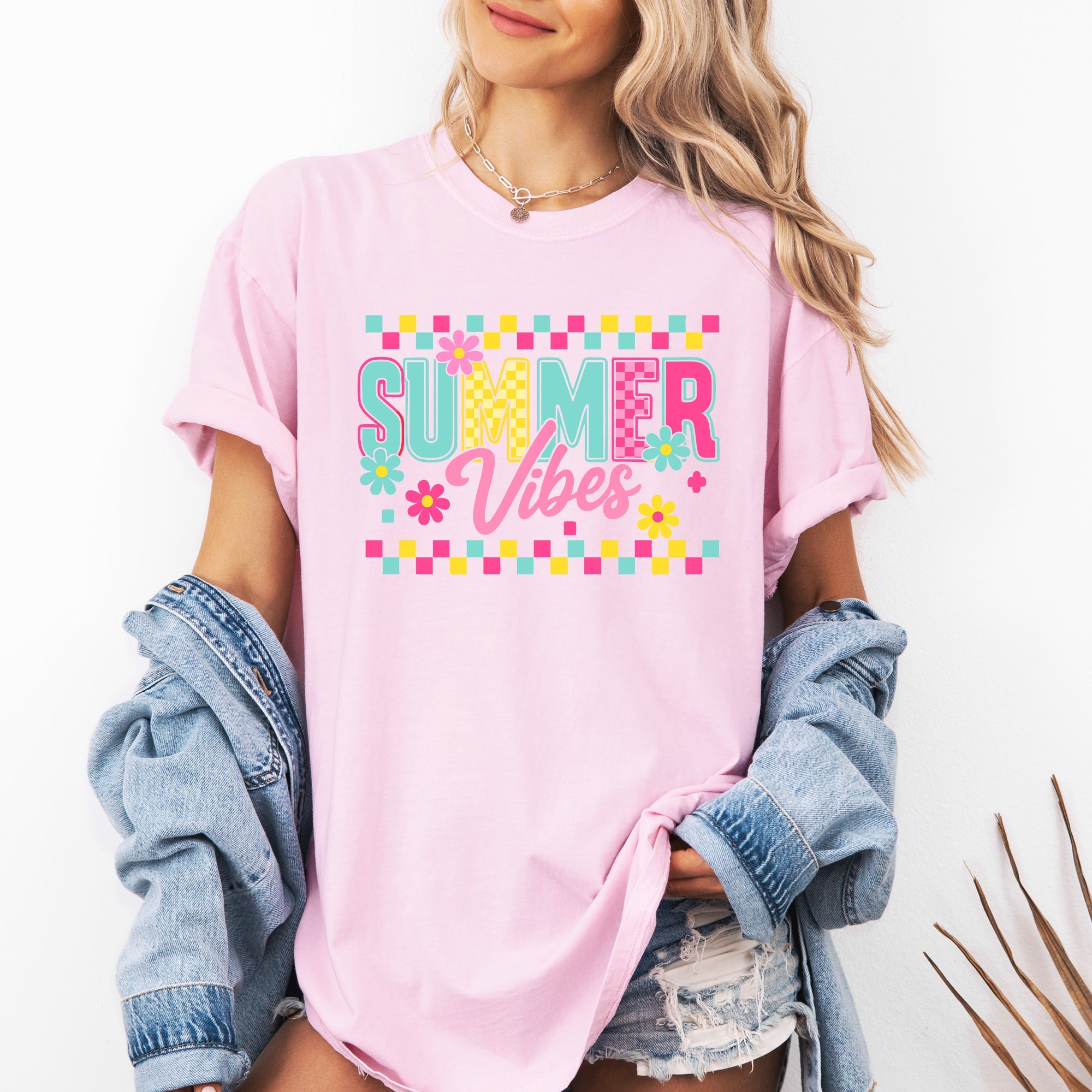 Summer Vibes Checkered Retro Floral Garden Party Collection Edition Comfort Colors Tee