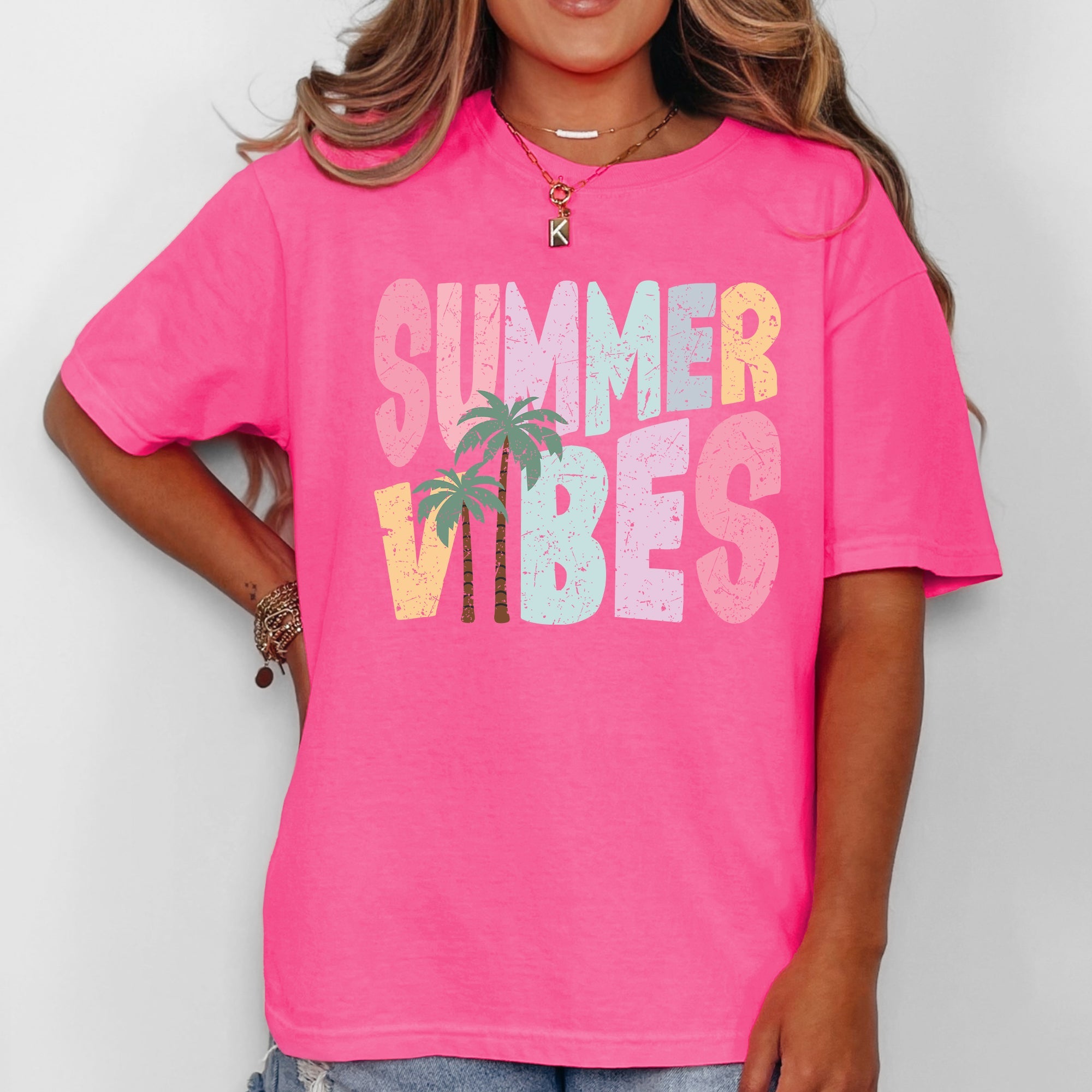 Summer Vibes Retro Colorful Beach Sunset Palm Trees Seaside Fun Vintage Vibes Edition Comfort Colors Tee