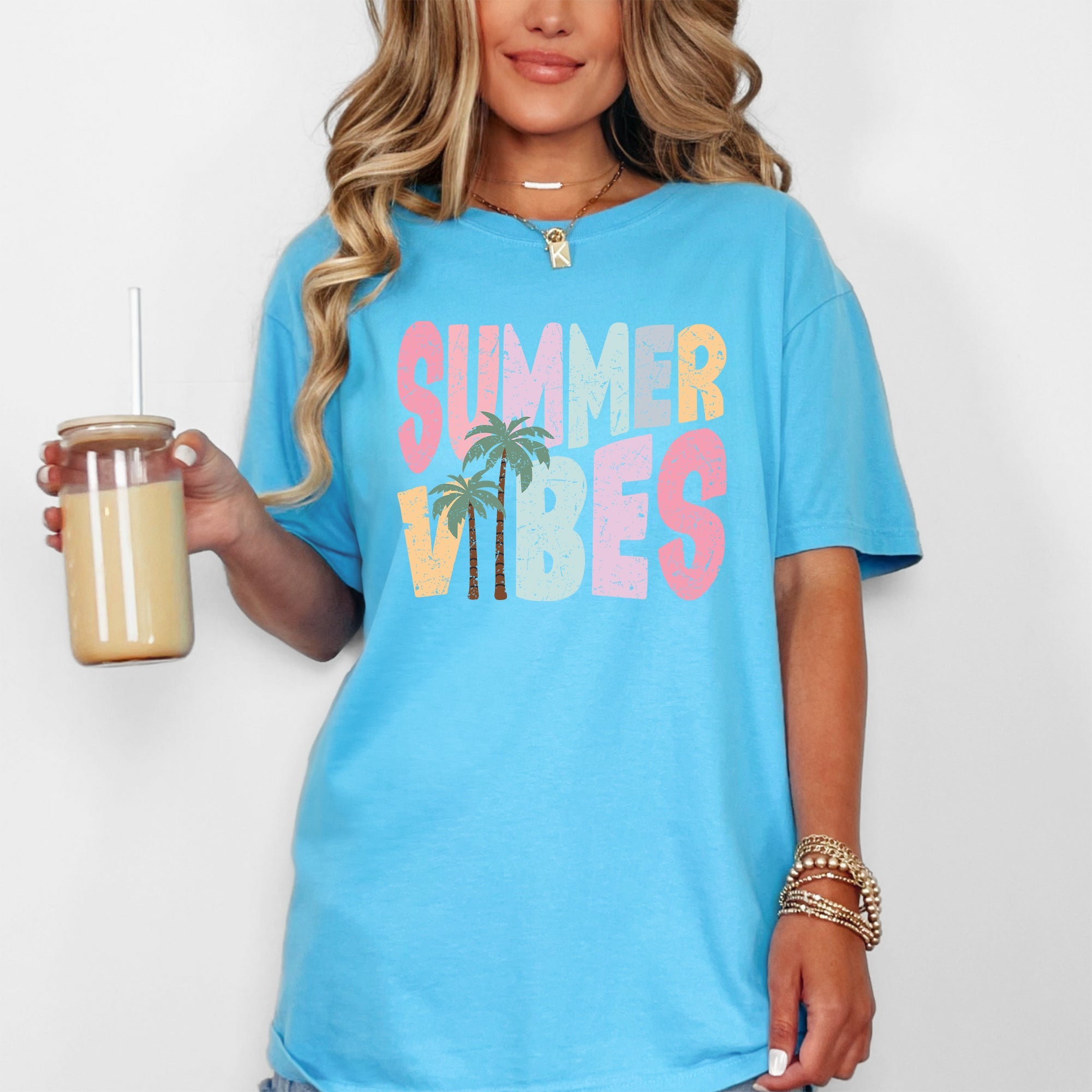 Summer Vibes Retro Colorful Beach Sunset Palm Trees Seaside Fun Vintage Vibes Edition Comfort Colors Tee