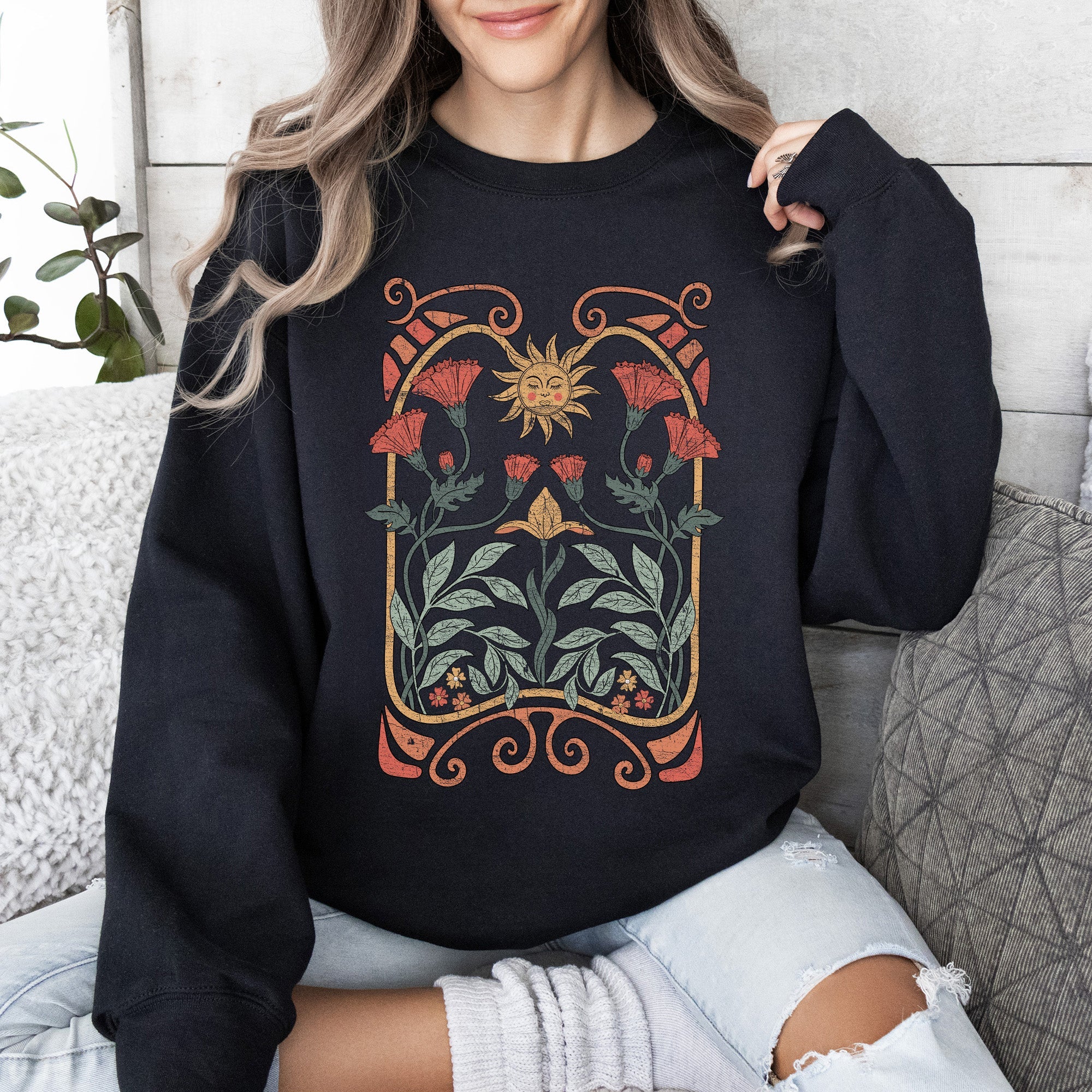Sun Art Deco Design Celestial Art Nouveau Solar Rays And Stars Motif Modern Sweatshirt