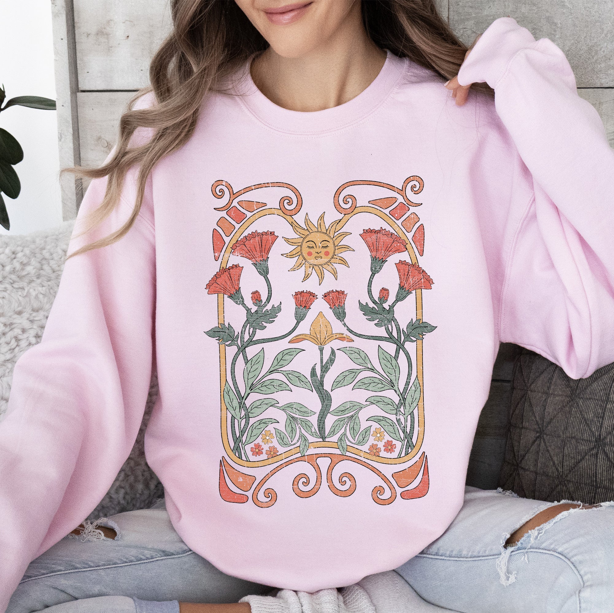 Sun Art Deco Design Celestial Art Nouveau Solar Rays And Stars Motif Modern Sweatshirt