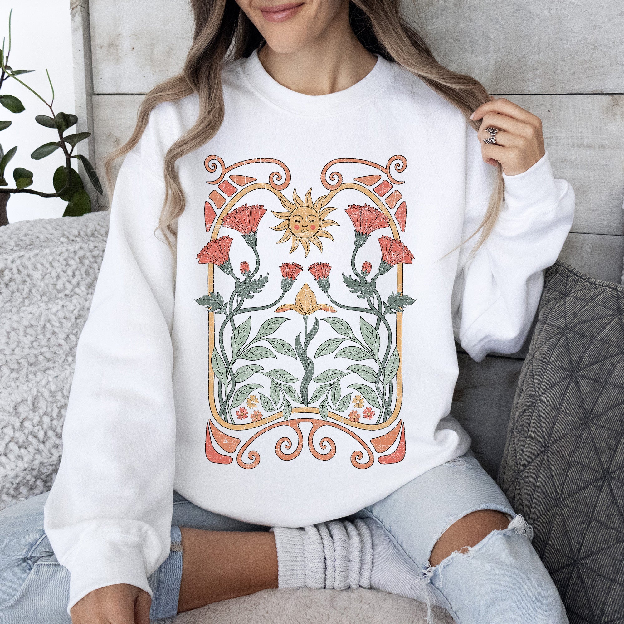Sun Art Deco Design Celestial Art Nouveau Solar Rays And Stars Motif Modern Sweatshirt