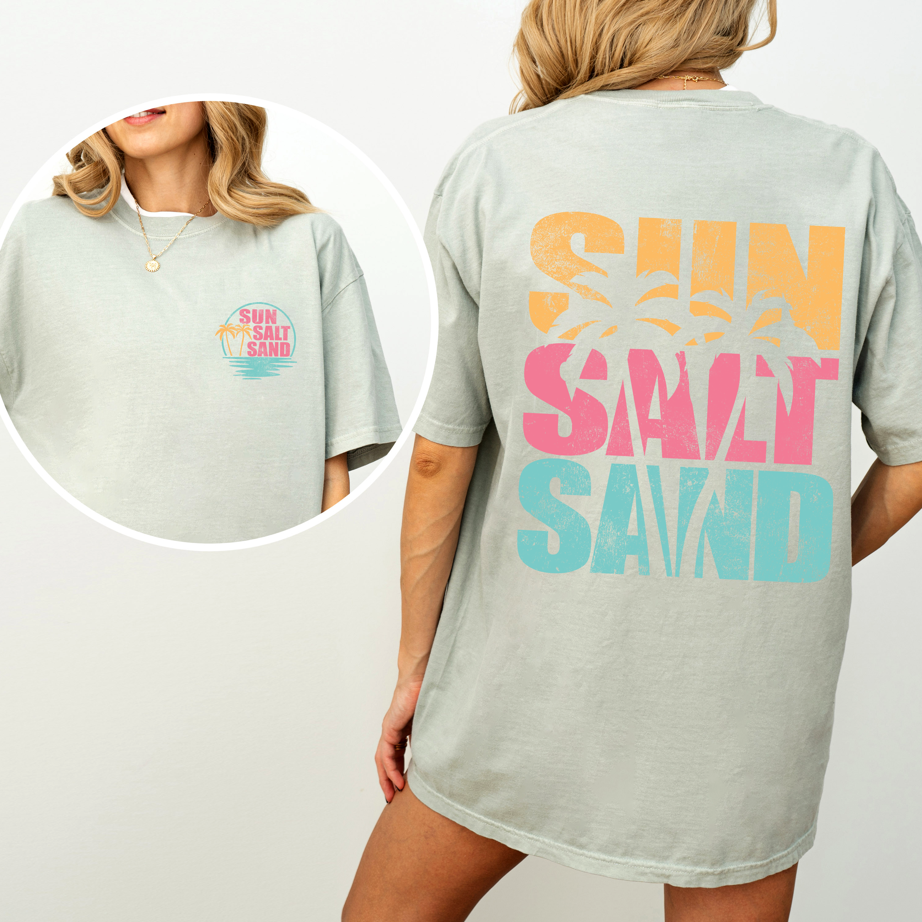Two Sided Front and Back Sun Salt Sand, Palm Trees, Beach, Summer Comfort Colors Tee