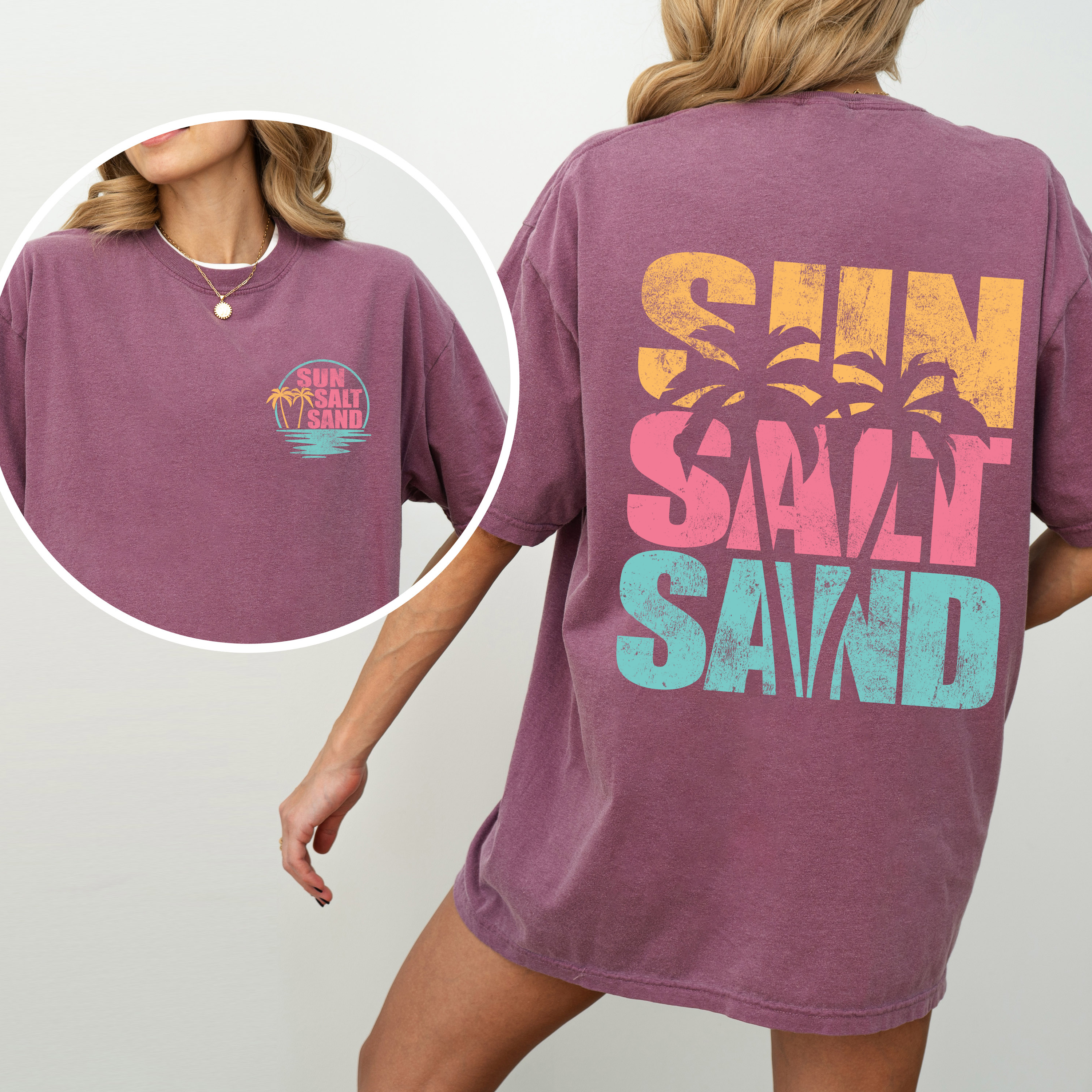 Two Sided Front and Back Sun Salt Sand, Palm Trees, Beach, Summer Comfort Colors Tee