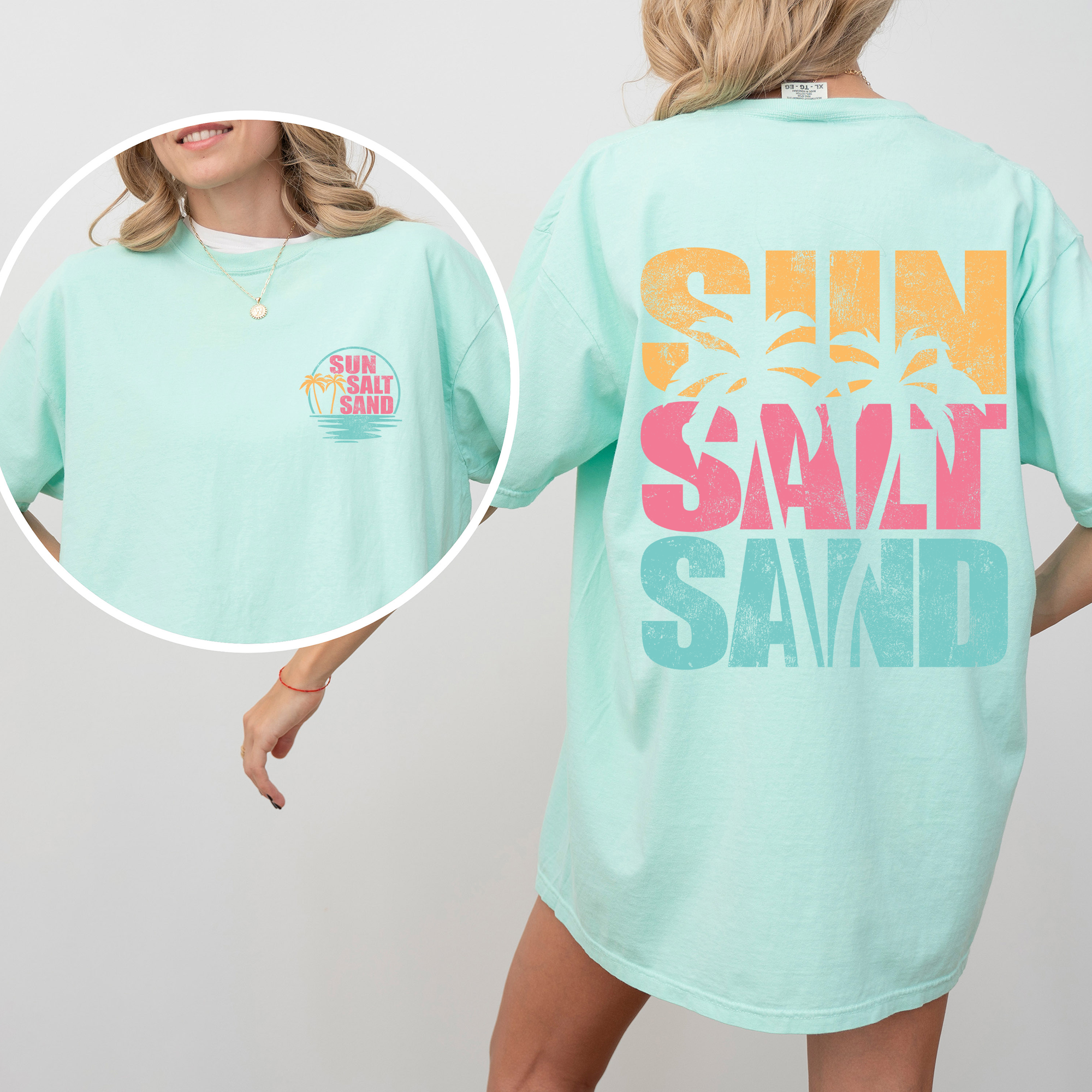 Two Sided Front and Back Sun Salt Sand, Palm Trees, Beach, Summer Comfort Colors Tee