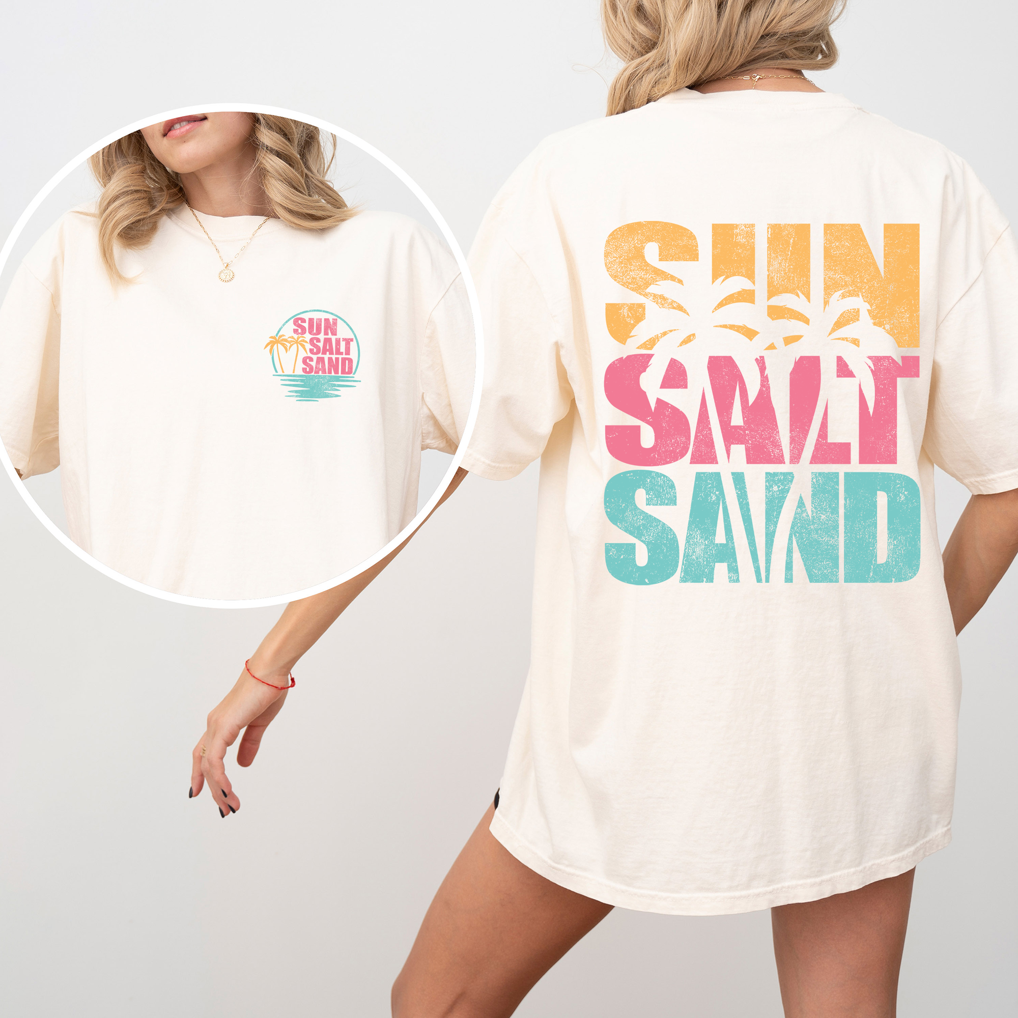 Two Sided Front and Back Sun Salt Sand, Palm Trees, Beach, Summer Comfort Colors Tee
