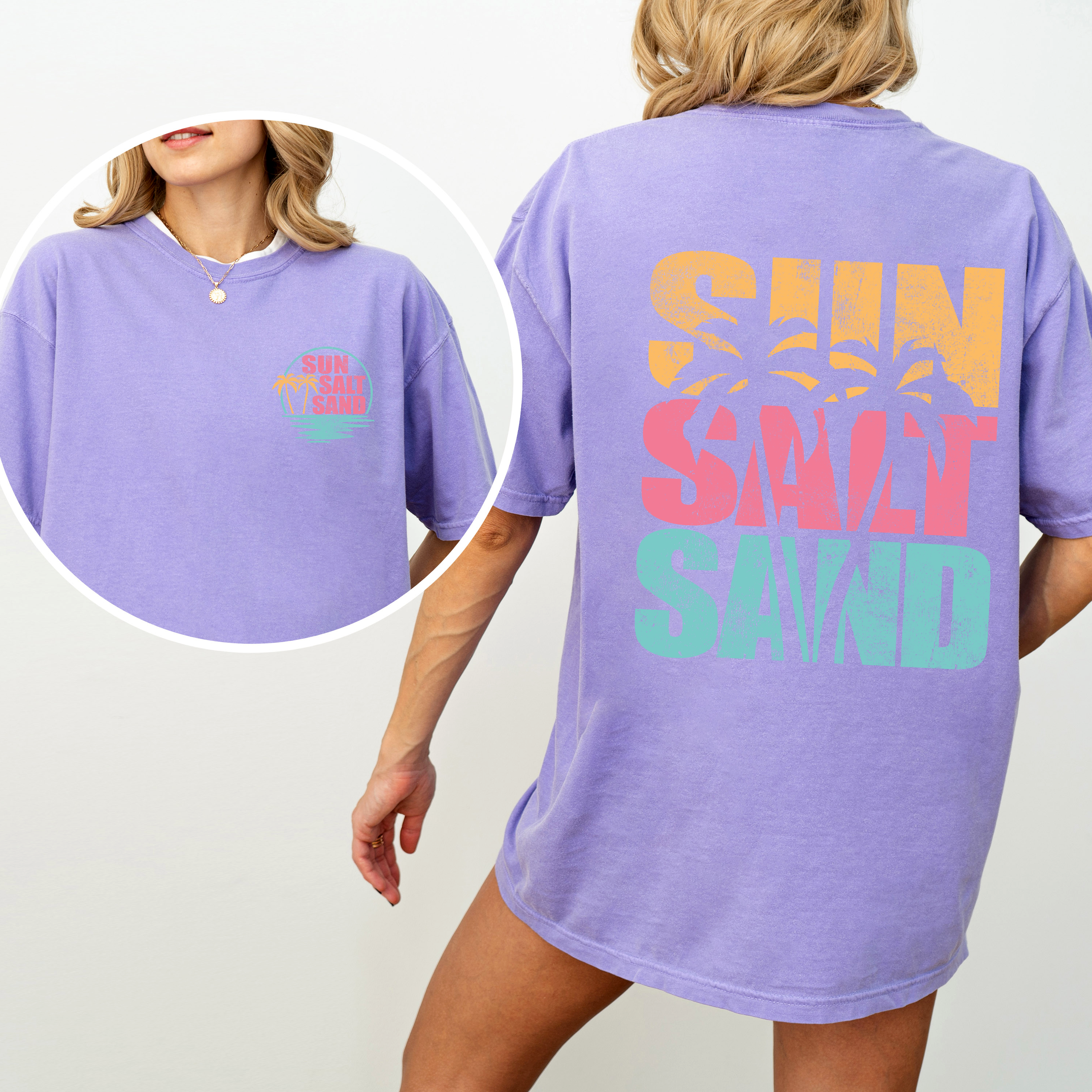Two Sided Front and Back Sun Salt Sand, Palm Trees, Beach, Summer Comfort Colors Tee