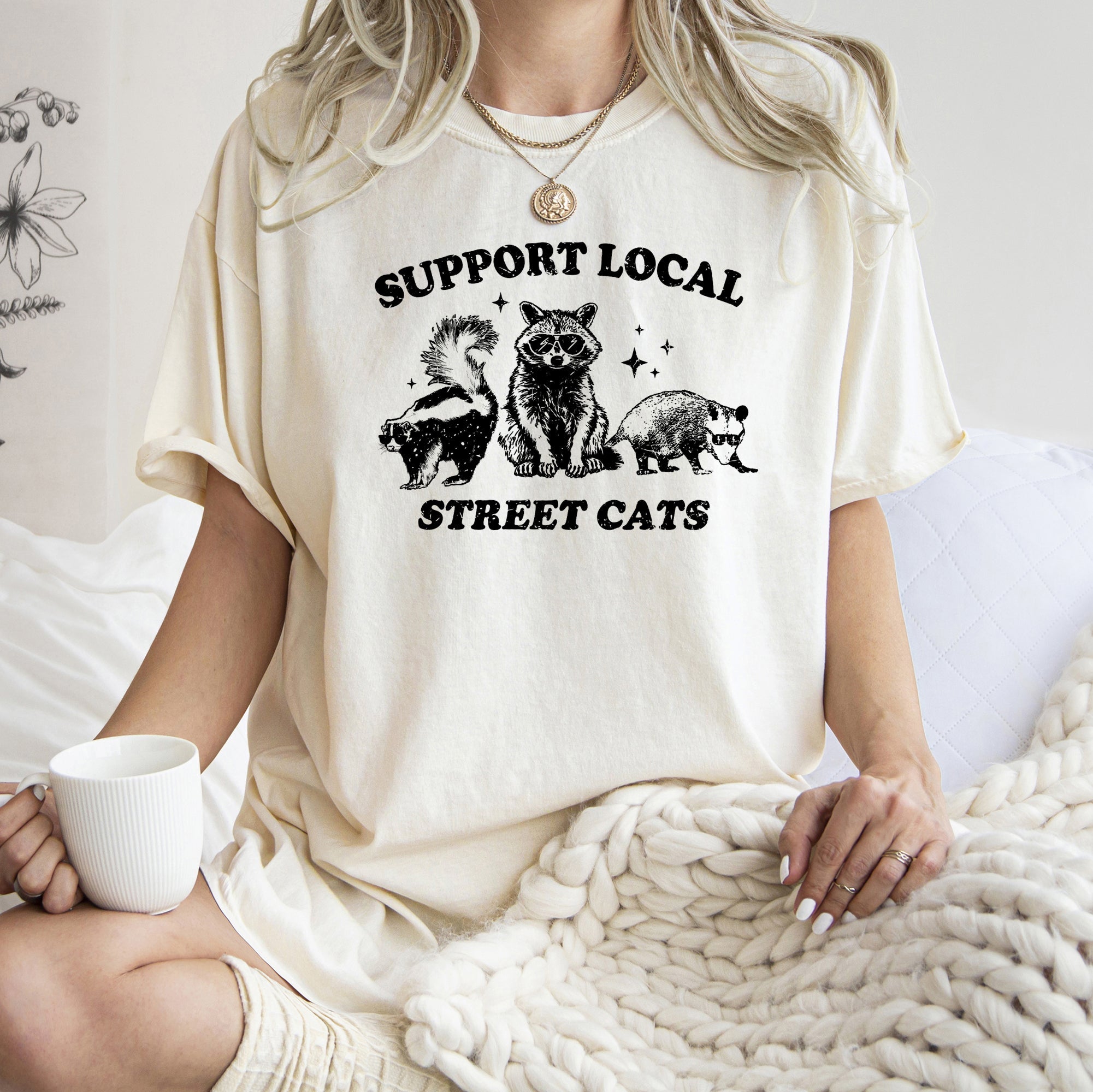 Support Local Street Cats Raccoon Skunk Possum Meme Vintage Chic Comfort Colors Tee