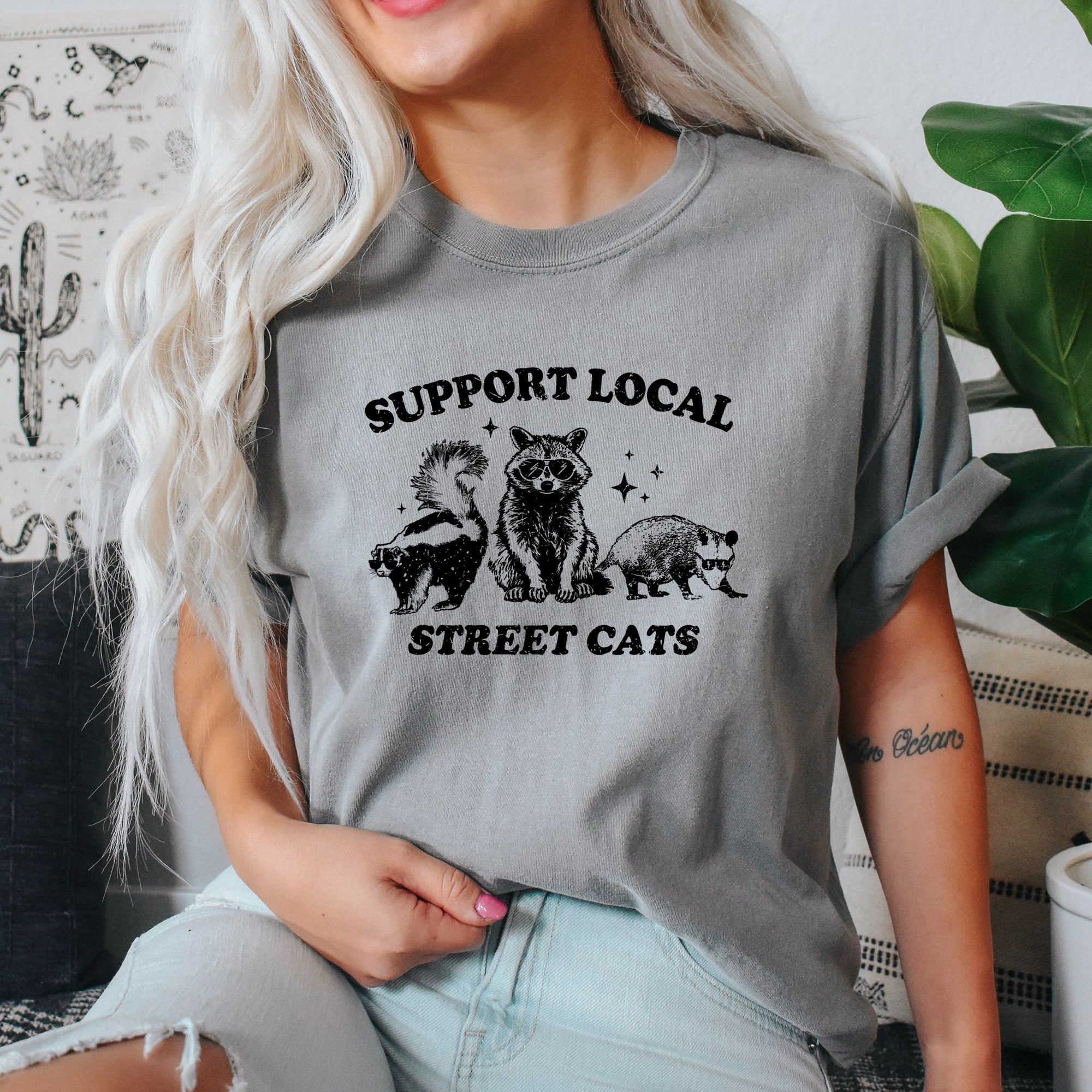 Support Local Street Cats Raccoon Skunk Possum Meme Vintage Chic Comfort Colors Tee