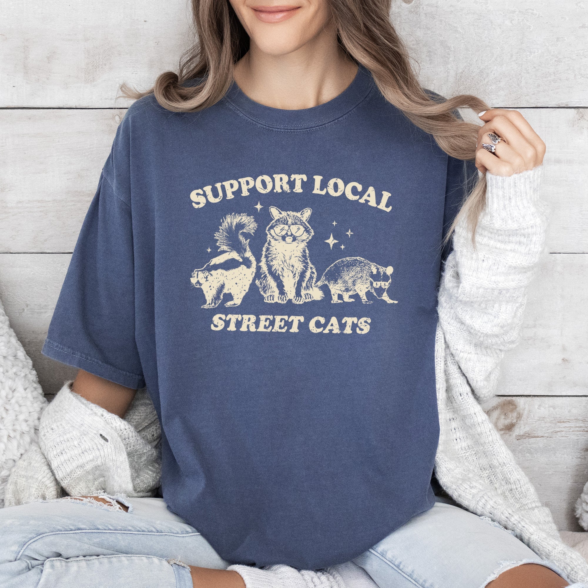 Support Local Street Cats Raccoon Skunk Possum Meme Vintage Chic Comfort Colors Tee