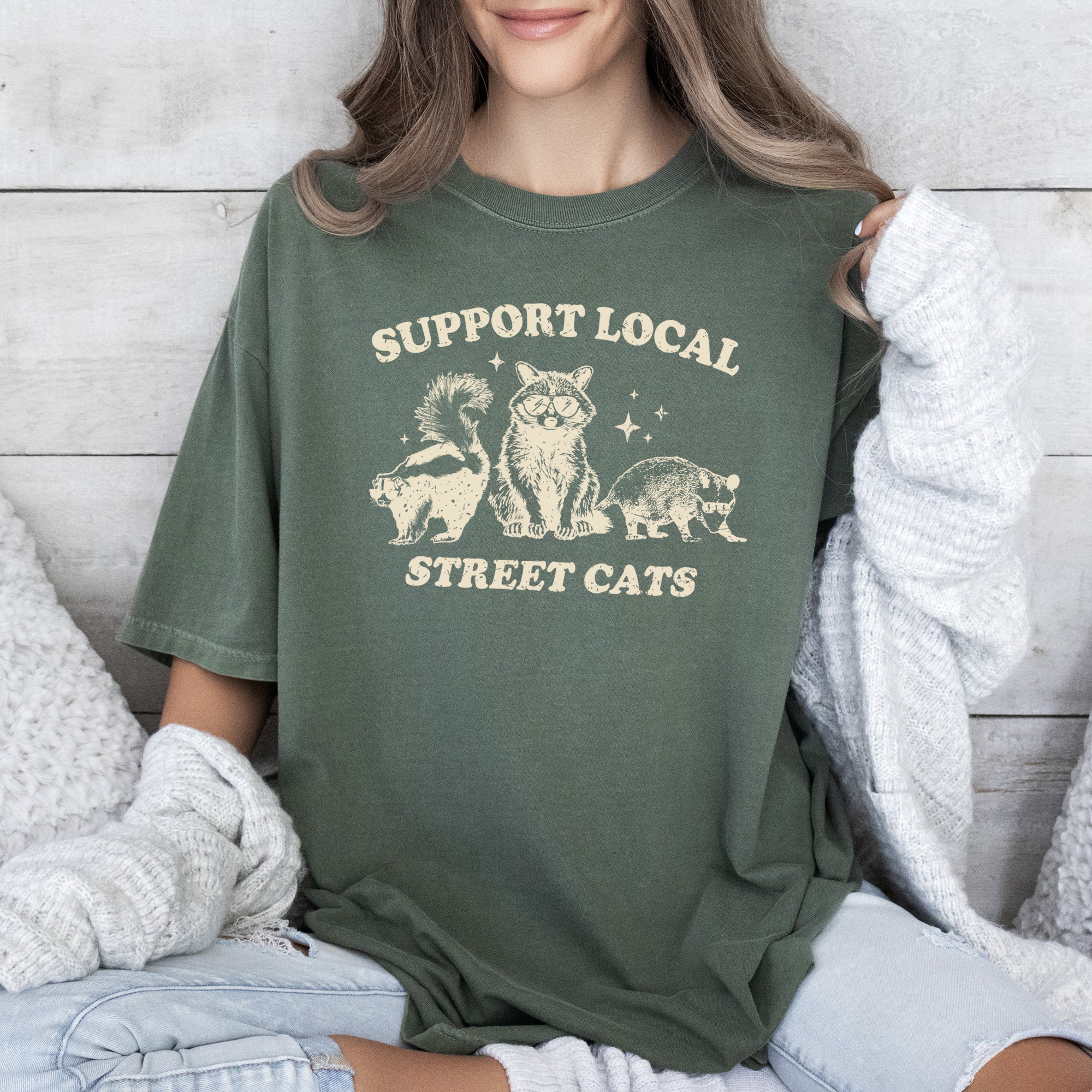 Support Local Street Cats Raccoon Skunk Possum Meme Vintage Chic Comfort Colors Tee