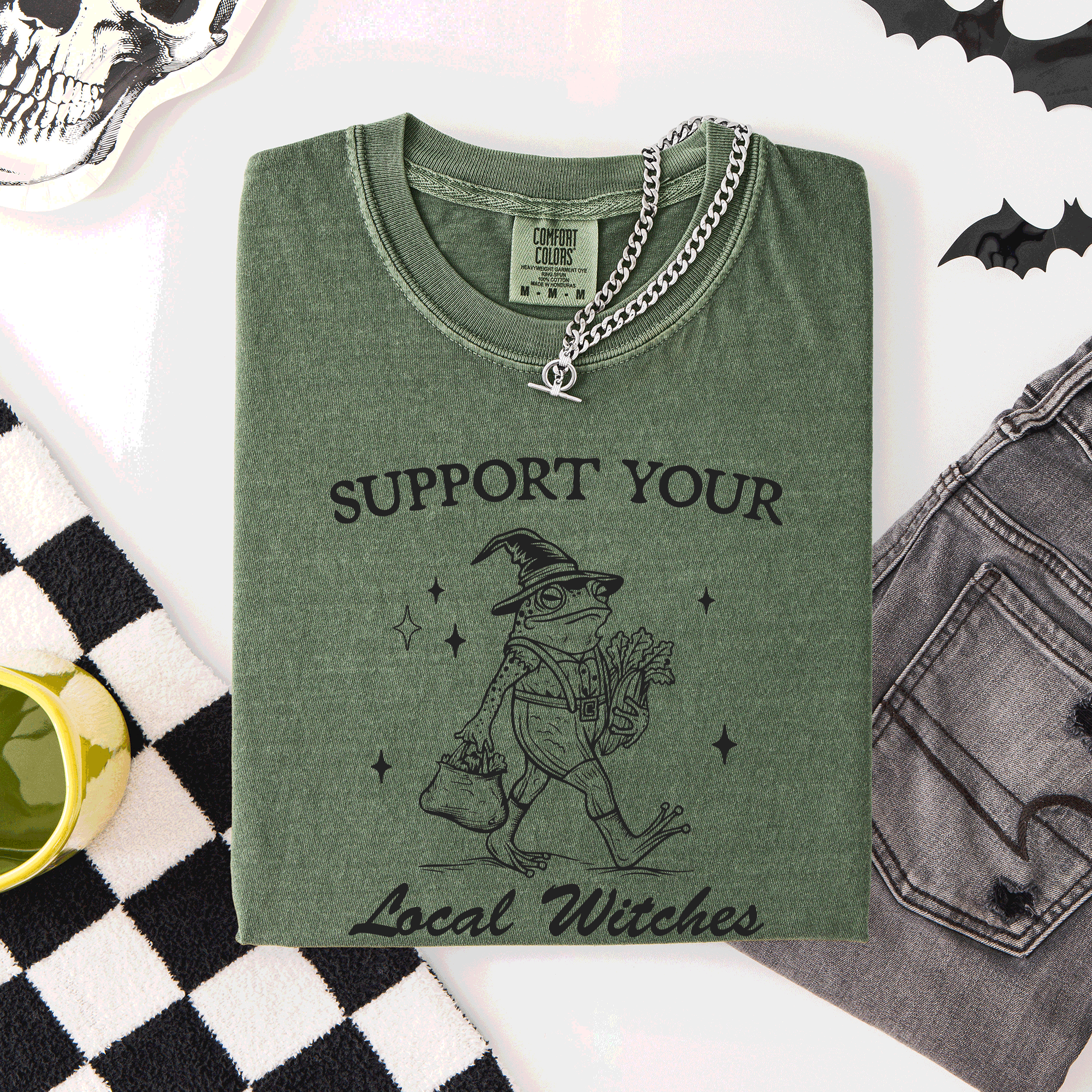 Support Your Local Witches Frog Halloween Witch Spooky Season Graphic Design Edition Comfort Colors Tee