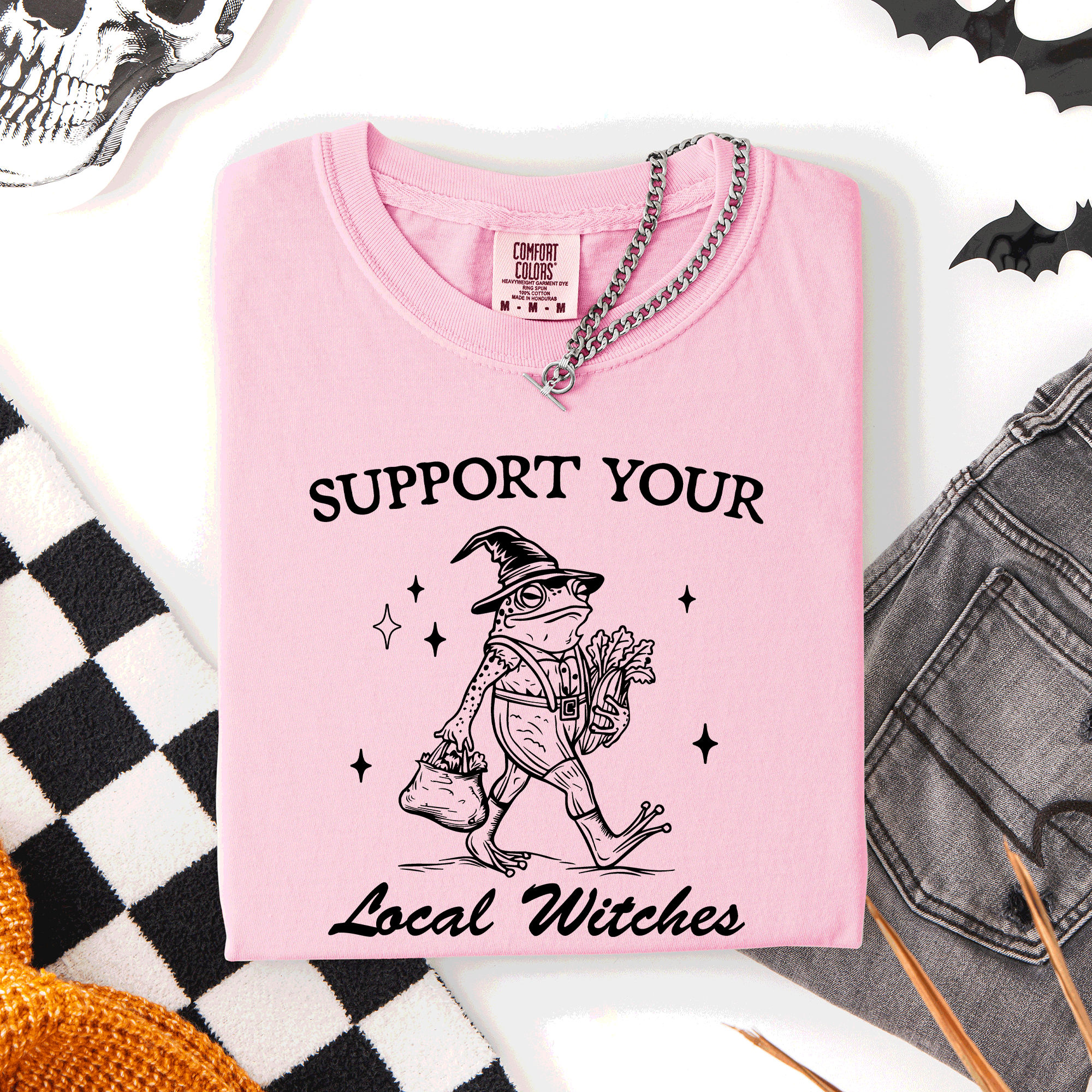 Support Your Local Witches Frog Halloween Witch Spooky Season Graphic Design Edition Comfort Colors Tee