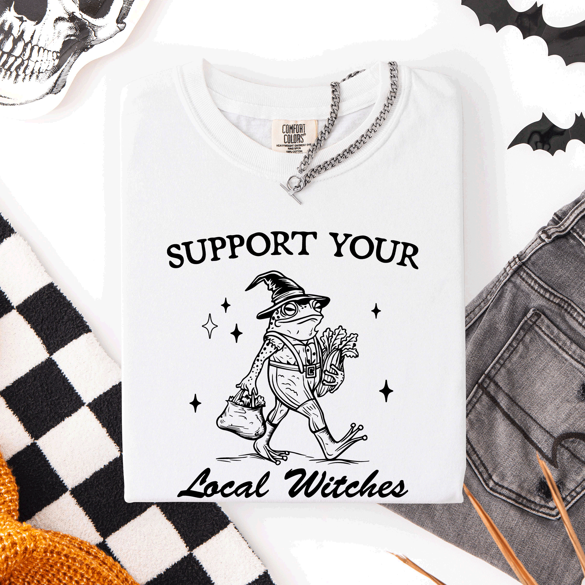 Support Your Local Witches Frog Halloween Witch Spooky Season Graphic Design Edition Comfort Colors Tee