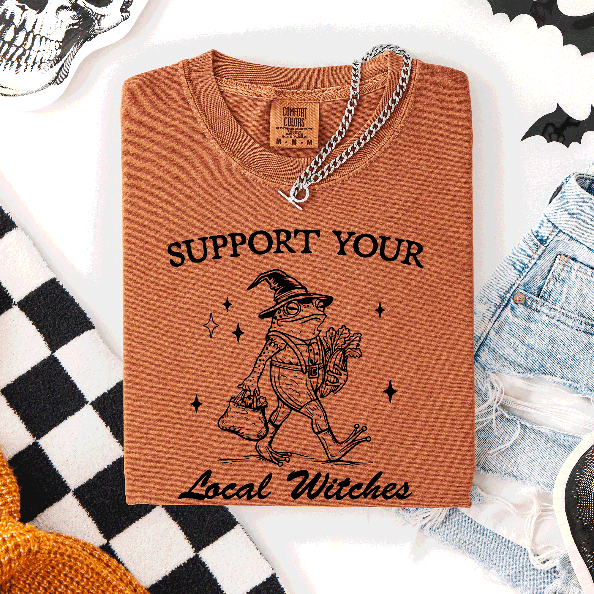 Support Your Local Witches Frog Halloween Witch Spooky Season Graphic Design Edition Comfort Colors Tee