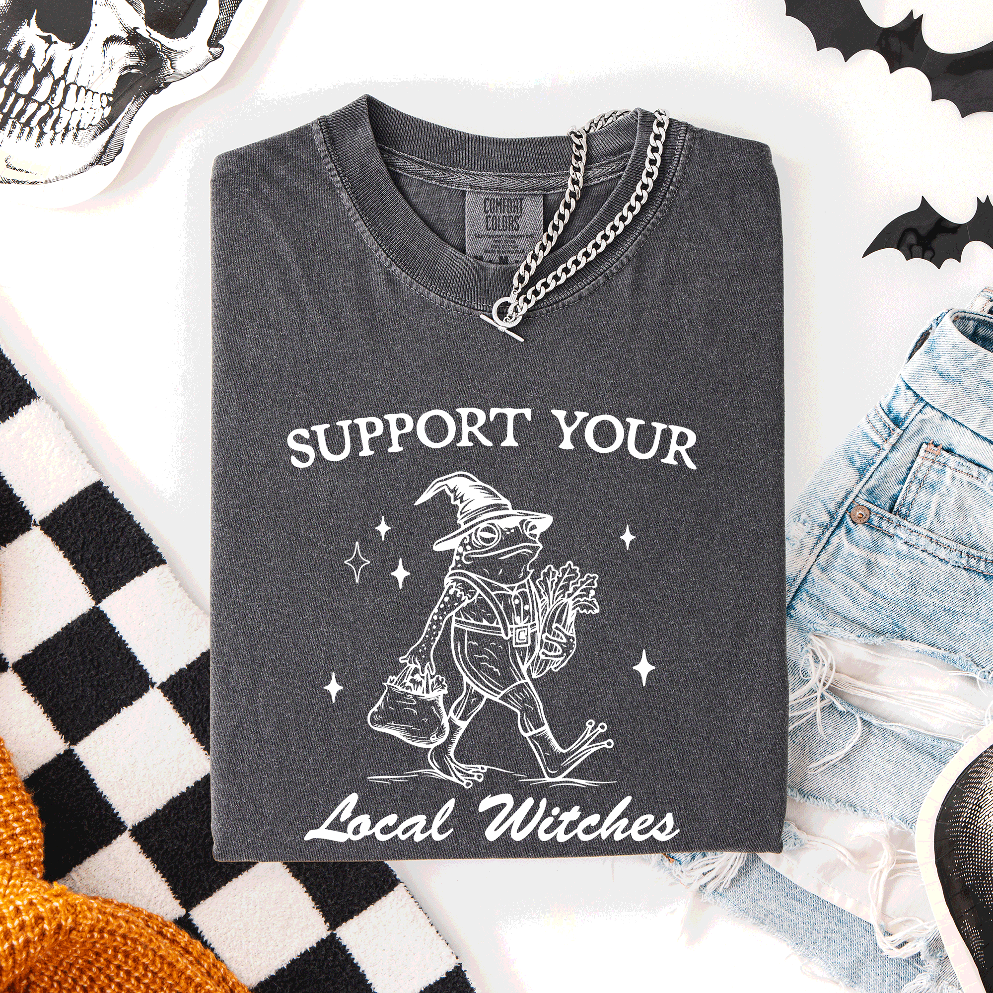 Support Your Local Witches Frog Halloween Witch Spooky Season Graphic Design Edition Comfort Colors Tee