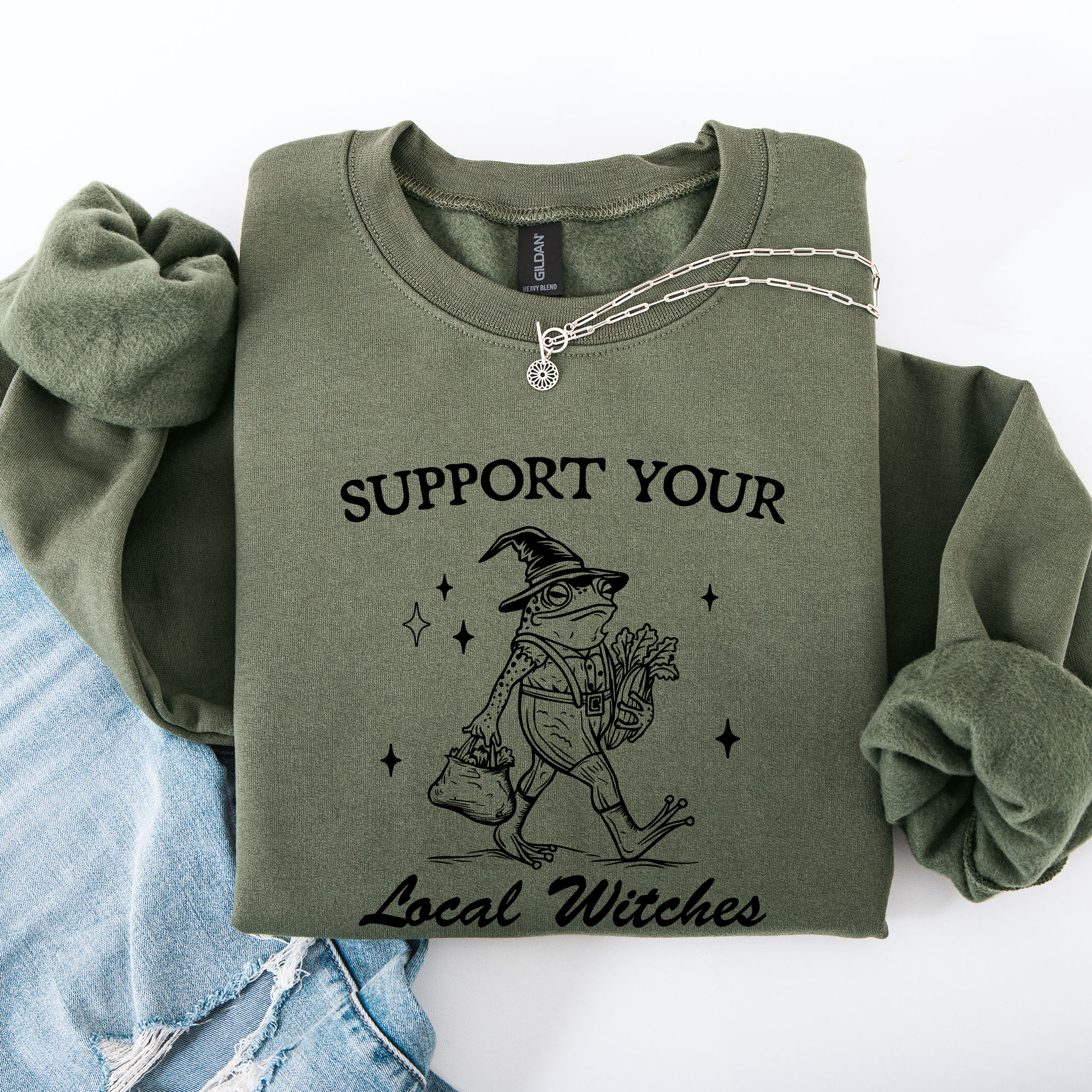 Support Your Local Witches Frog Halloween Witch Design Cozy Autumn Themed Sweatshirt