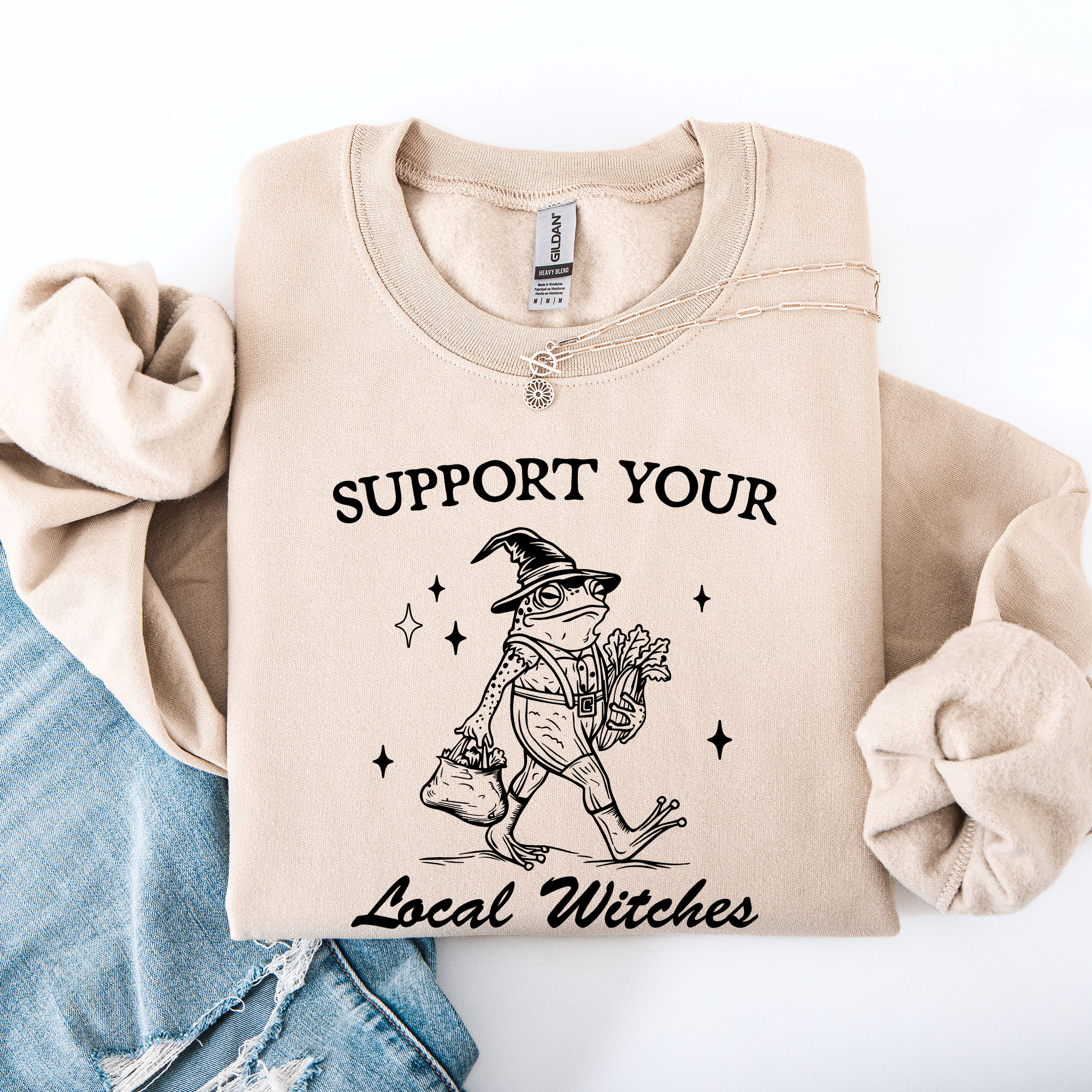 Support Your Local Witches Frog Halloween Witch Design Cozy Autumn Themed Sweatshirt