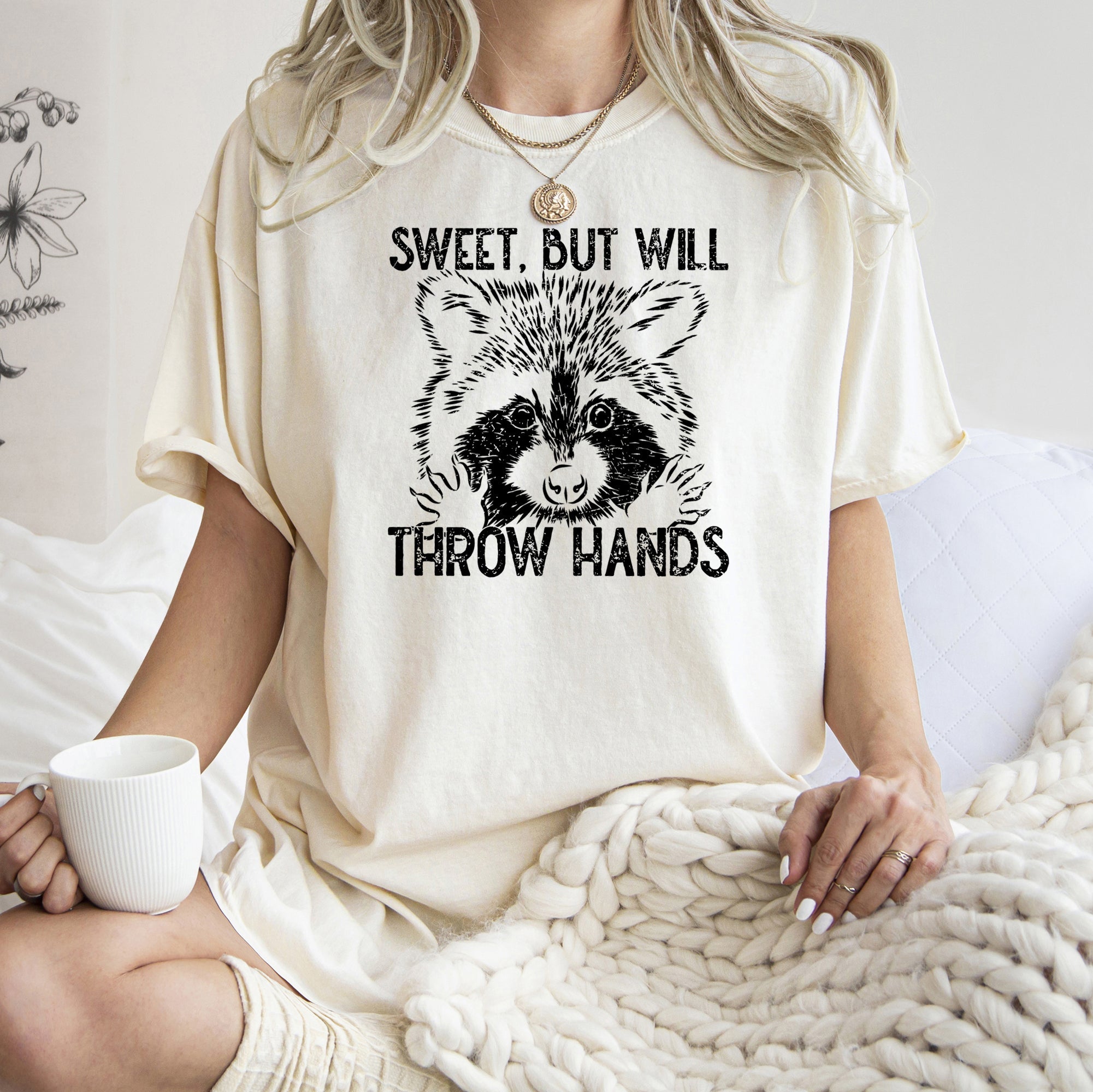 Sweet But Will Throw Hands Raccoon Meme Aesthetic Vintage Original Comfort Colors Tee