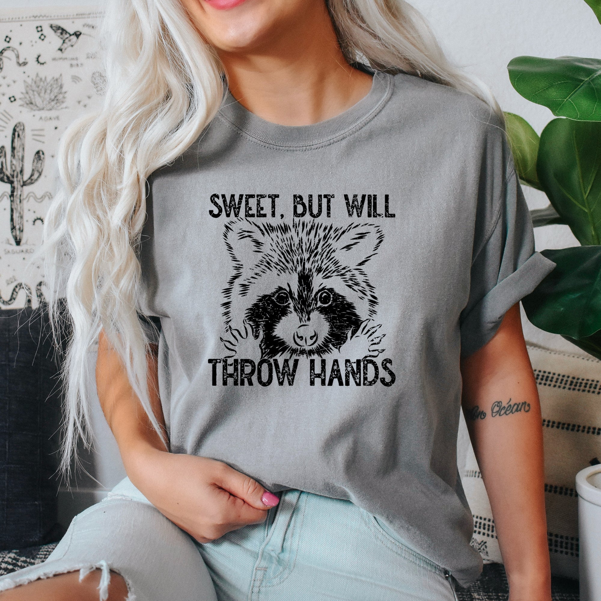 Sweet But Will Throw Hands Raccoon Meme Aesthetic Vintage Original Comfort Colors Tee