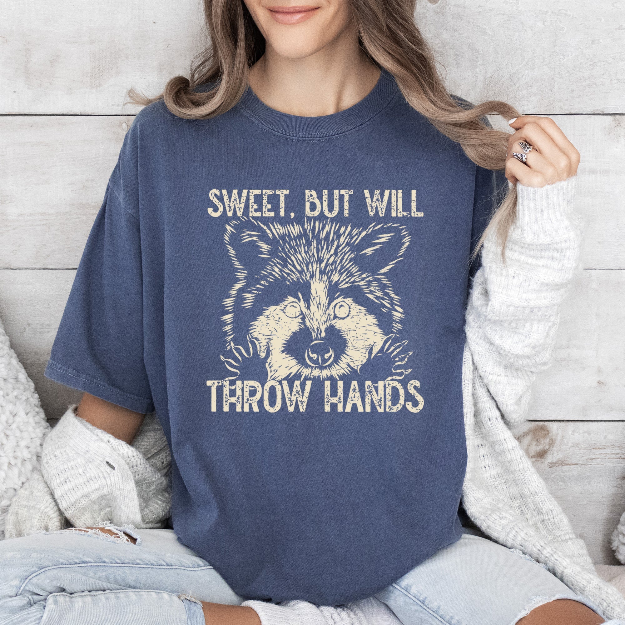 Sweet But Will Throw Hands Raccoon Meme Aesthetic Vintage Original Comfort Colors Tee