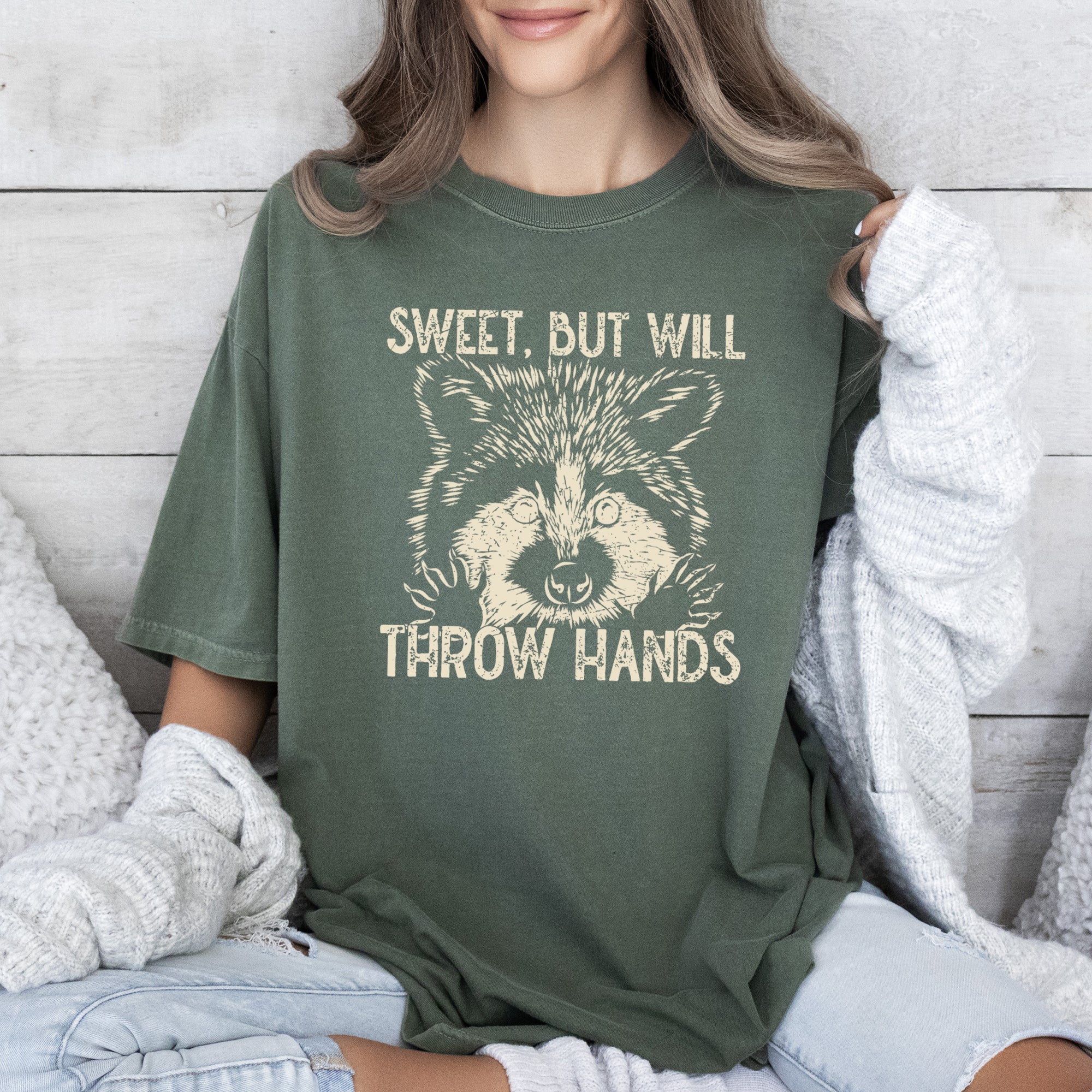 Sweet But Will Throw Hands Raccoon Meme Aesthetic Vintage Original Comfort Colors Tee
