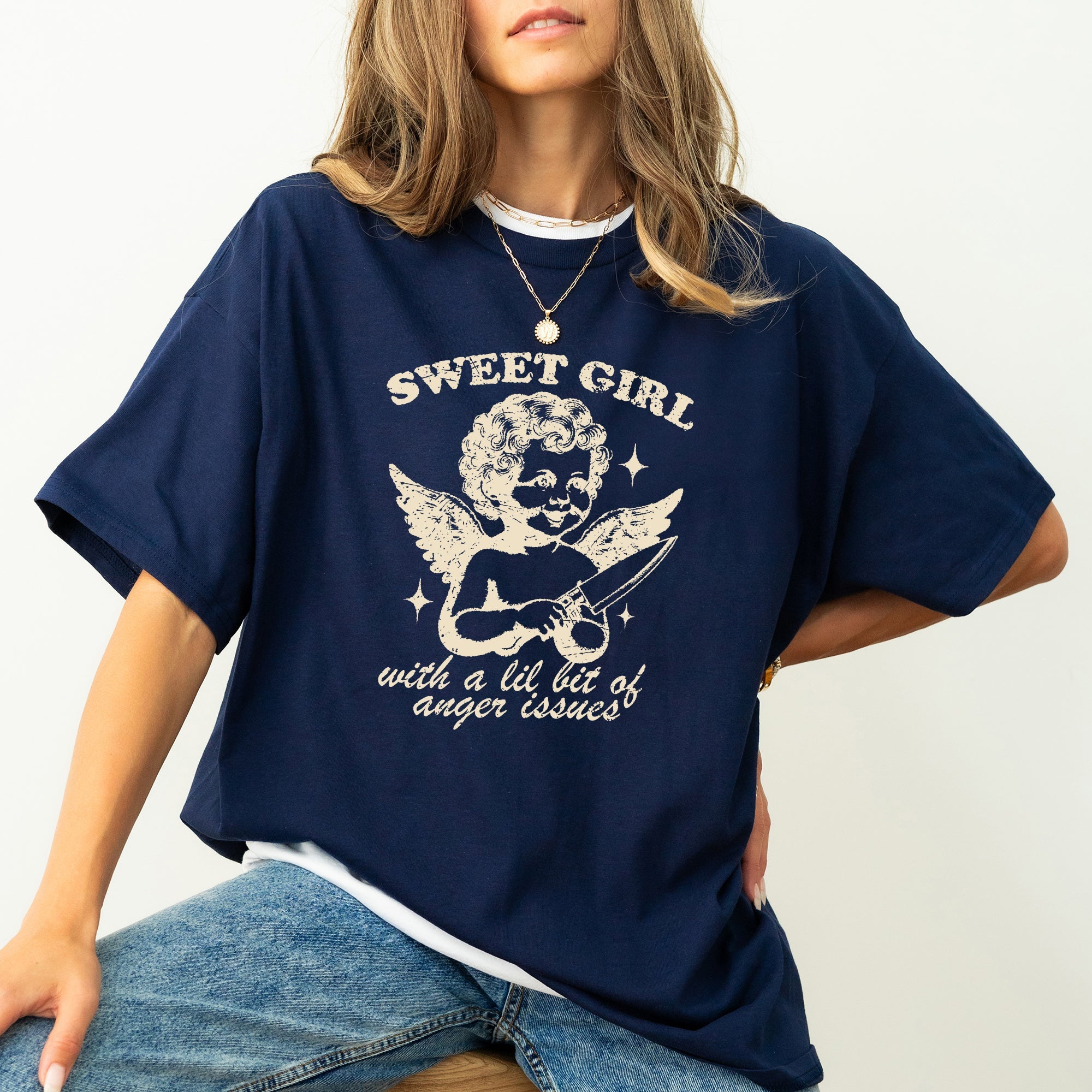 Sweet Girl Anger Issues Cupid Angel Meme Phrase Artwork Edition Comfort Colors Tee