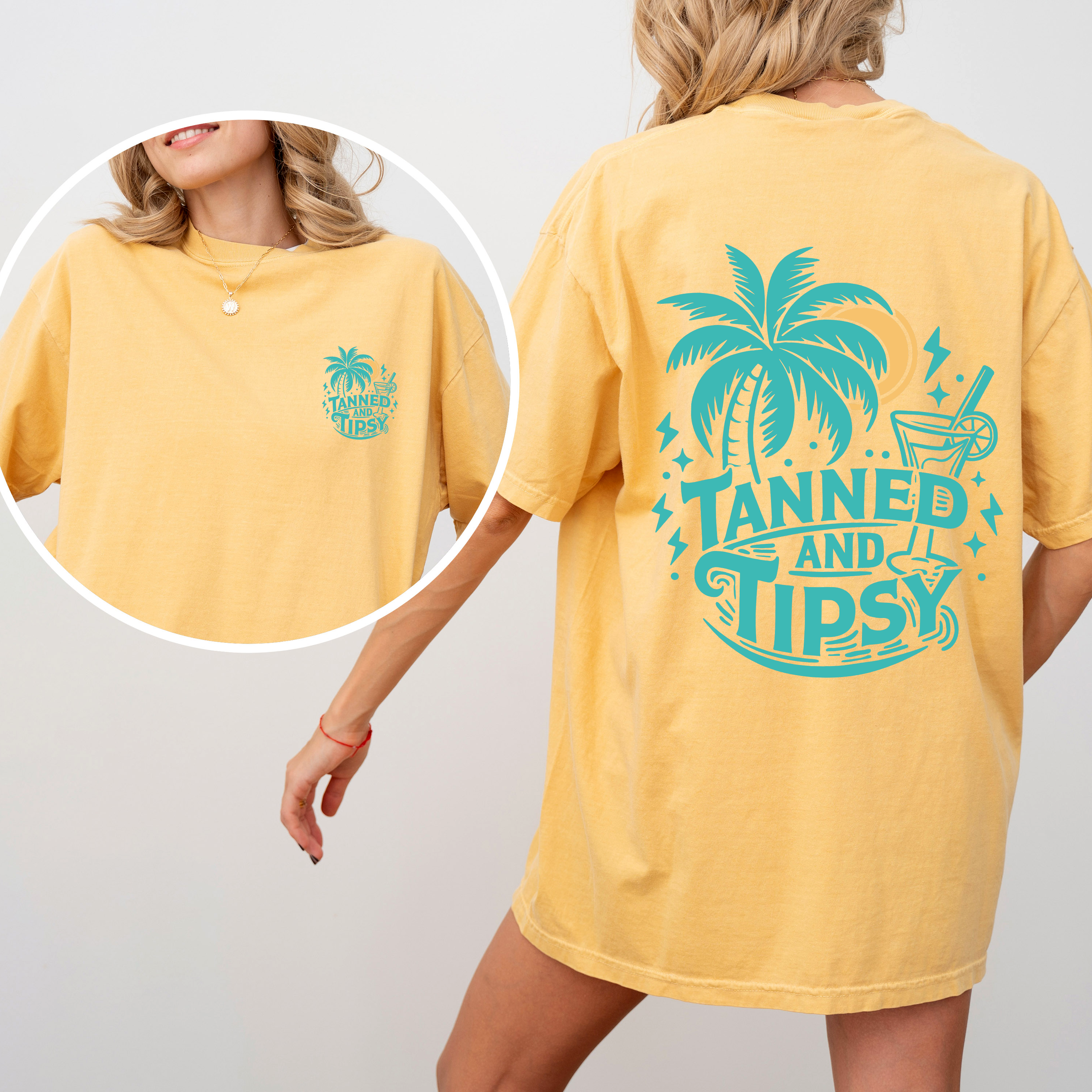 Tanned and Tipsy Beach Fun Drinking Summer Front and Back Edition Comfort Colors Tee