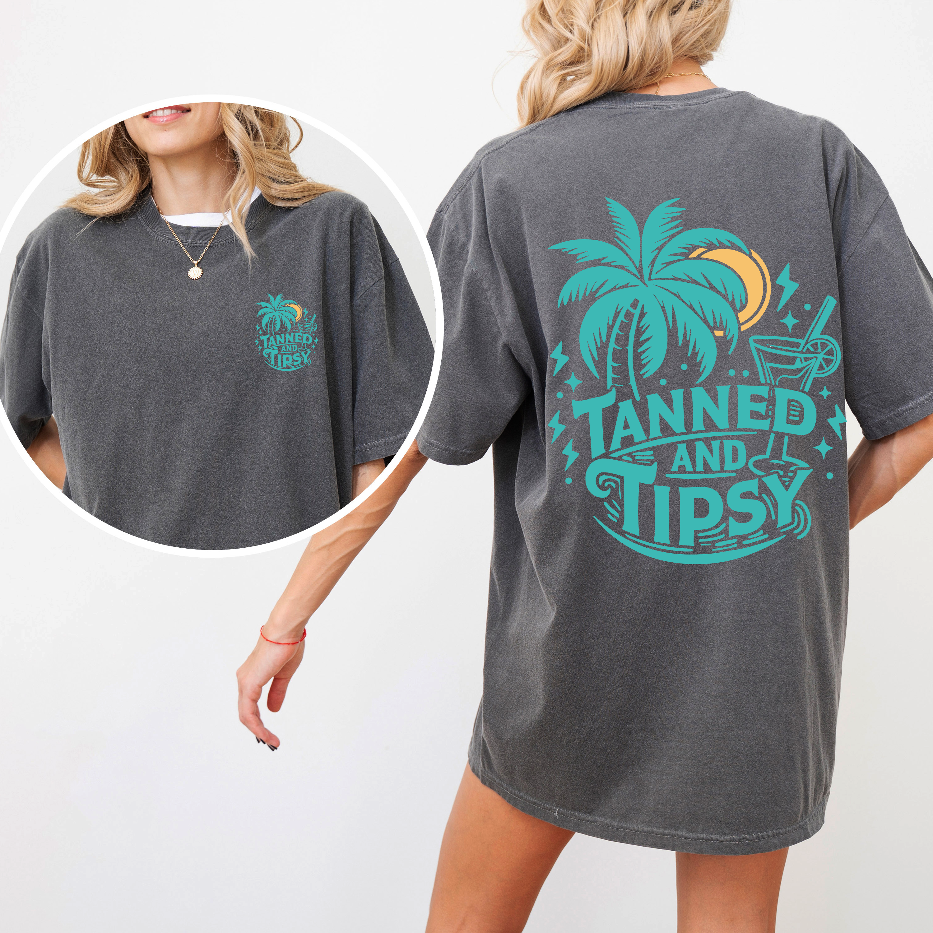 Tanned and Tipsy Beach Fun Drinking Summer Front and Back Edition Comfort Colors Tee