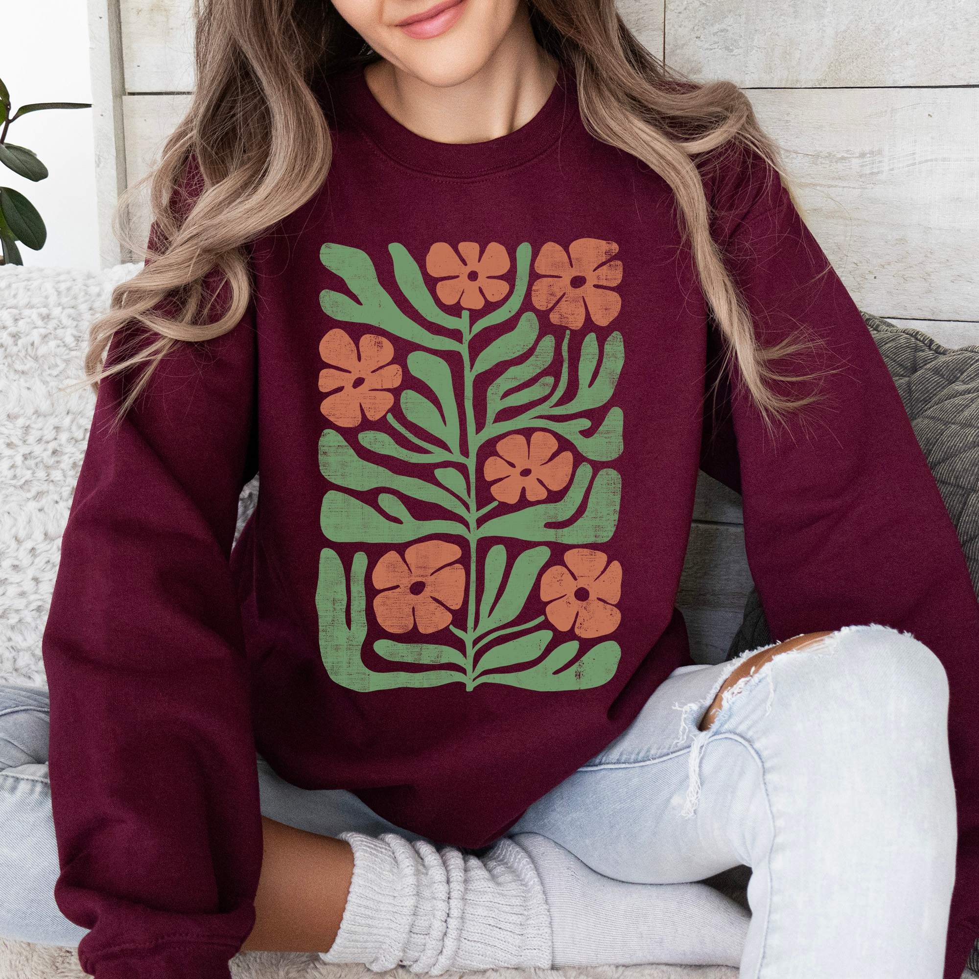 Terracotta Flower Botanical Vintage Boho Nature Print Cozy Autumn Inspired Sweatshirt