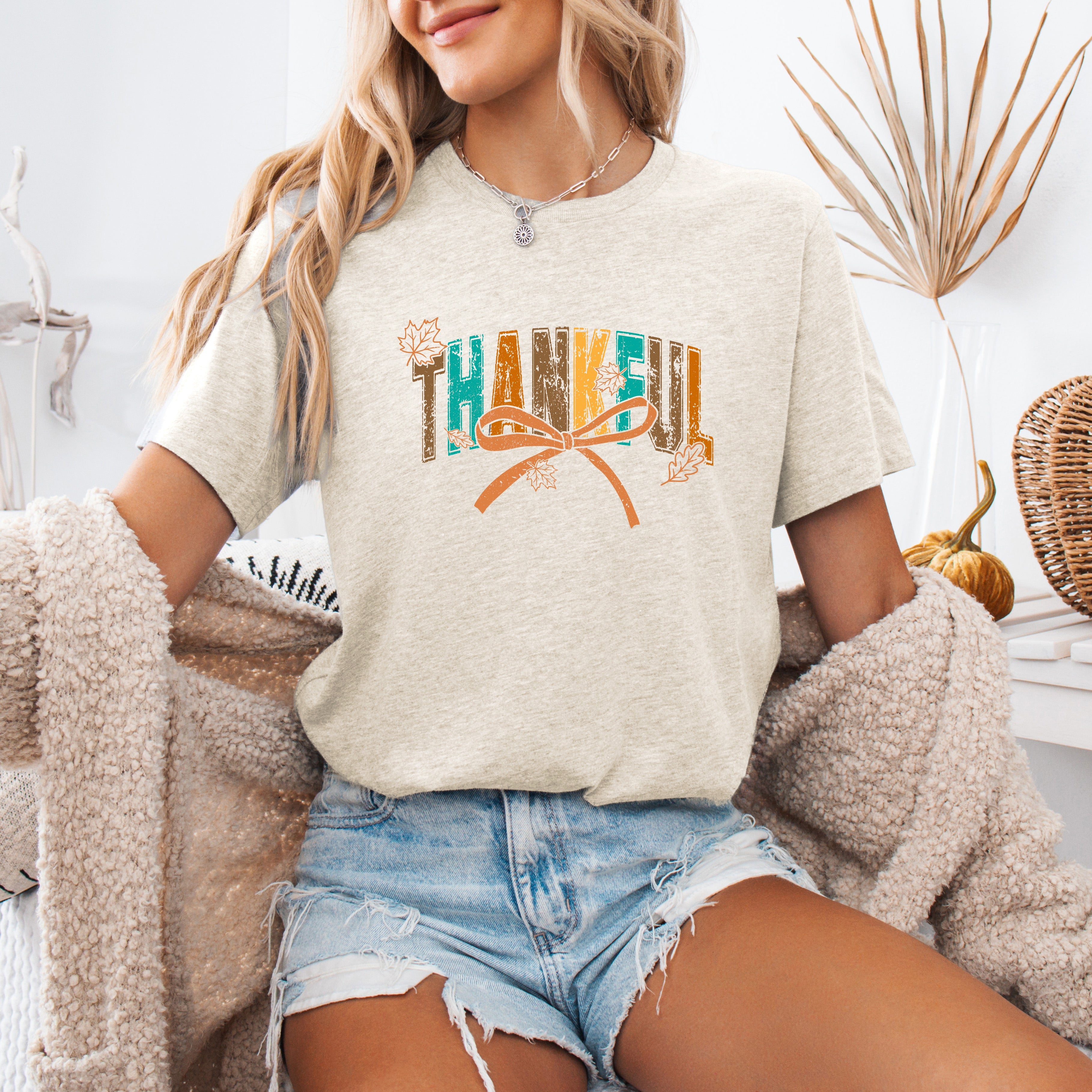 Thankful Fall Autumn Bow Ribbon Harvest Moon Halloween Whimsy Cozy Seasonal Delight Graphic Tee