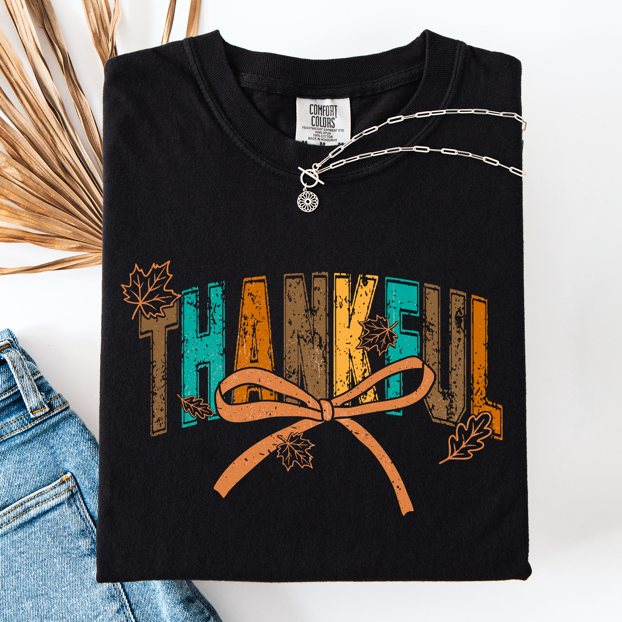 Thankful Fall Autumn Bow Ribbon Cozy Vintage Premium Varsity Style Comfort Colors Tee