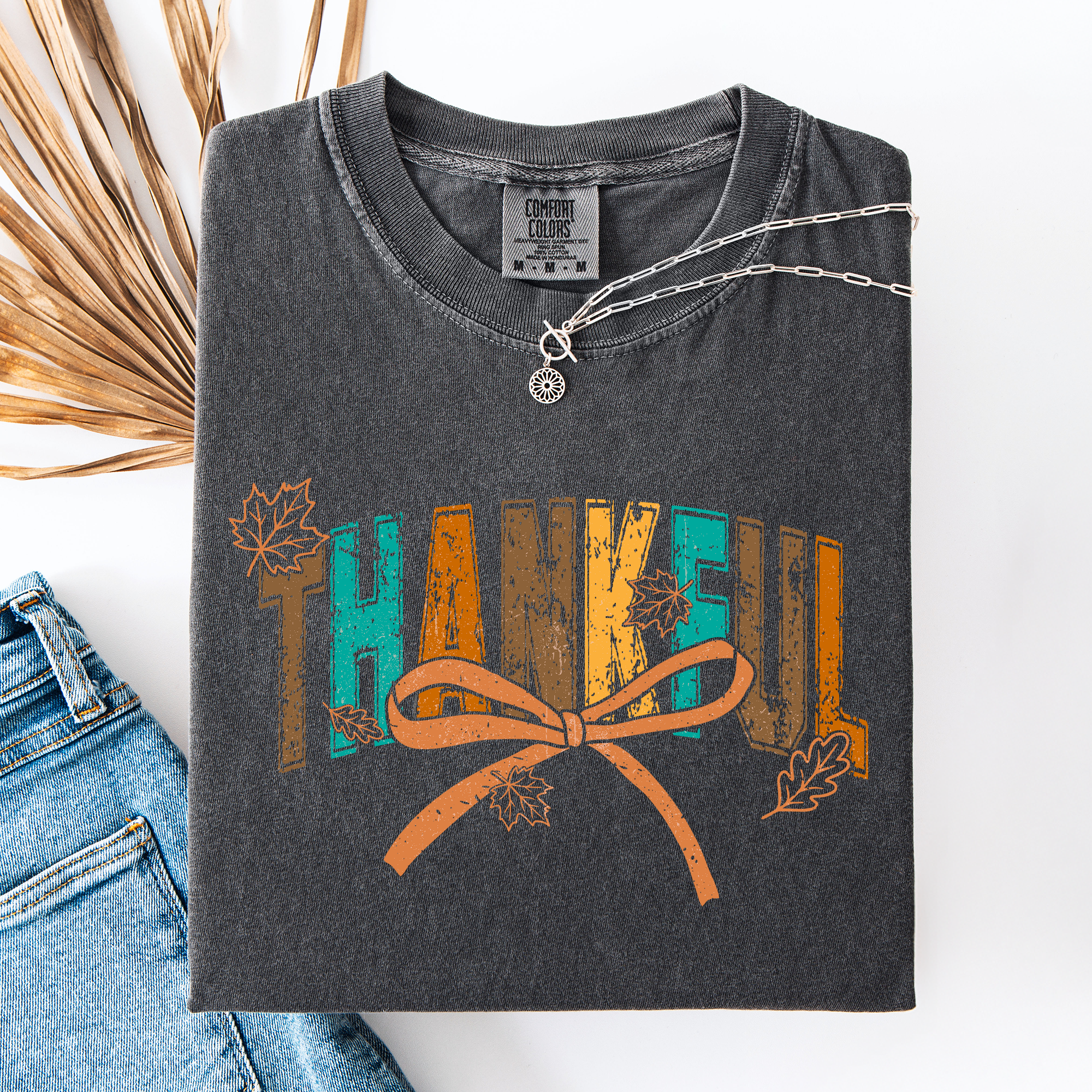 Thankful Fall Autumn Bow Ribbon Cozy Vintage Premium Varsity Style Comfort Colors Tee
