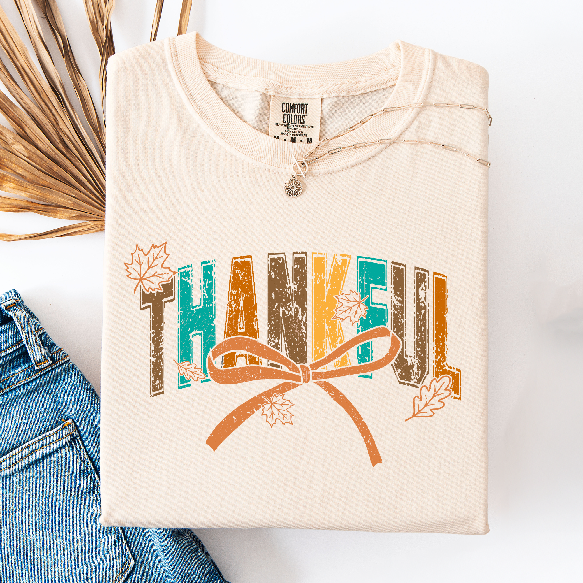 Thankful Fall Autumn Bow Ribbon Cozy Vintage Premium Varsity Style Comfort Colors Tee