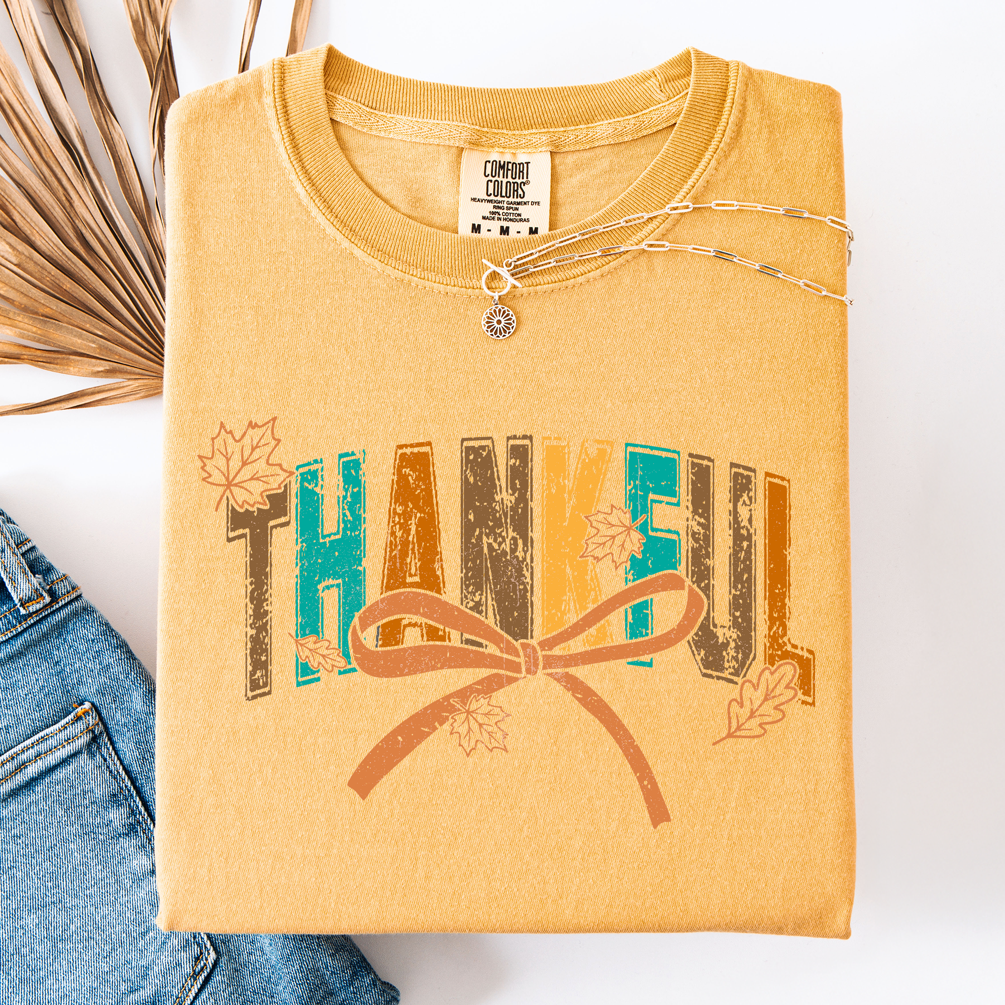 Thankful Fall Autumn Bow Ribbon Cozy Vintage Premium Varsity Style Comfort Colors Tee