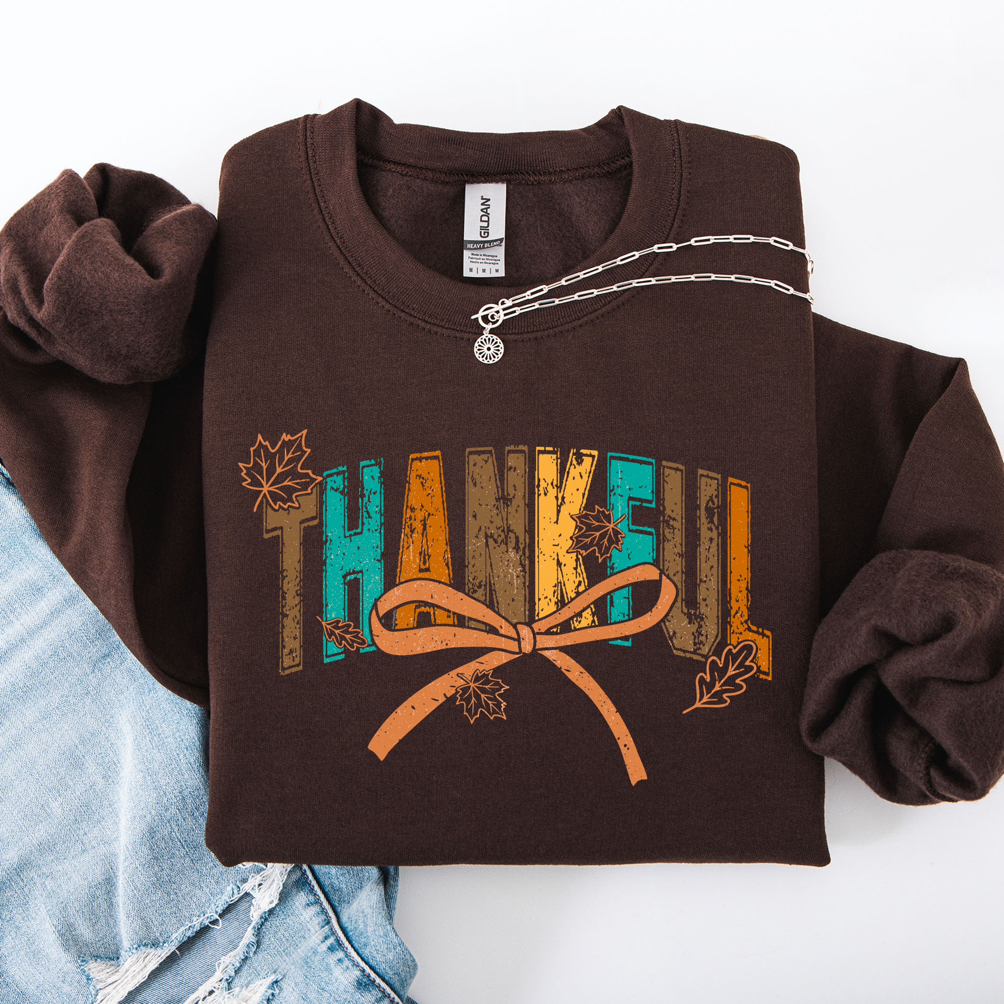 Thankful Fall Autumn Bow Ribbon Floral Sunflower Pumpkin Harvest Cozy Warm Seasonal Charm Sweatshirt