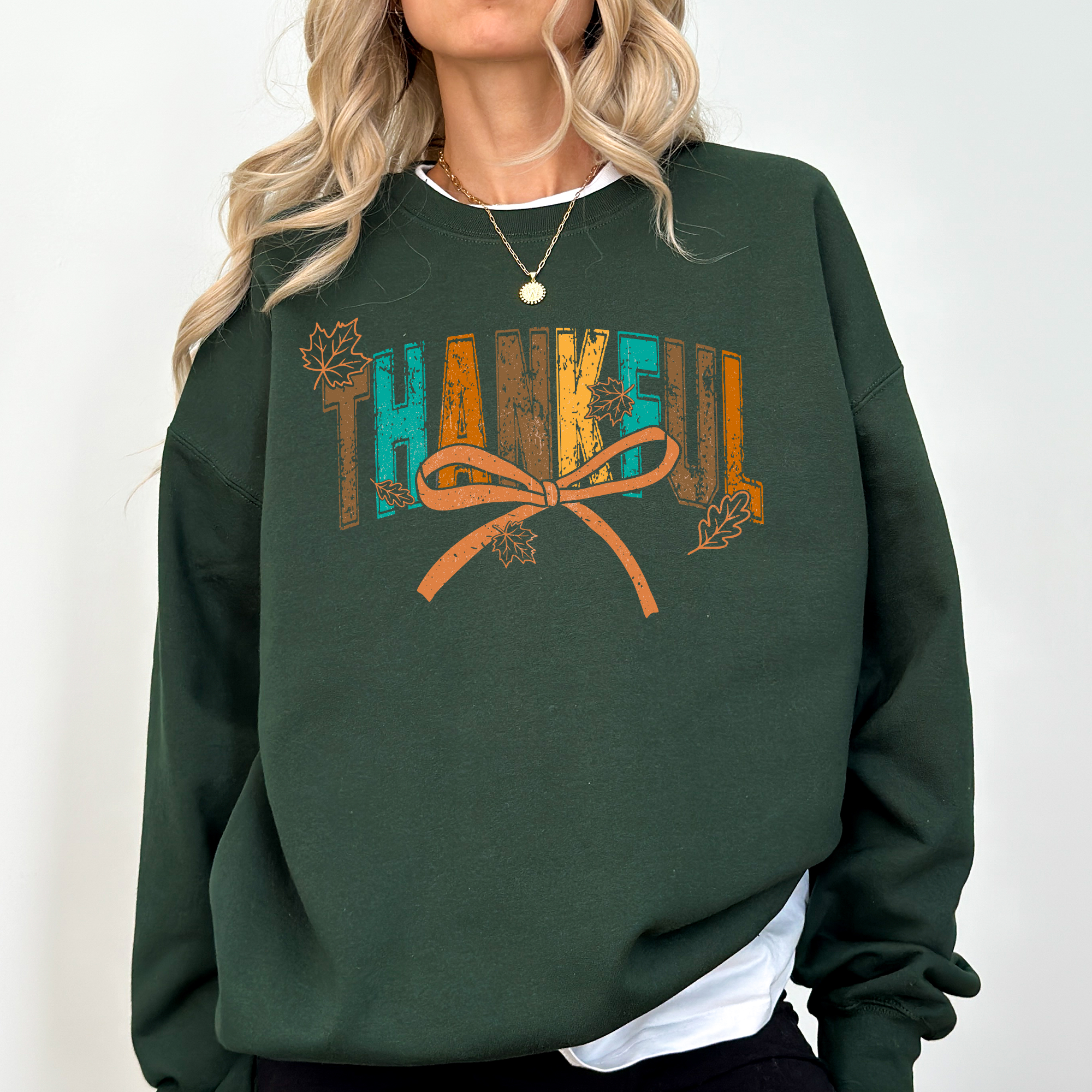 Thankful Fall Autumn Bow Ribbon Floral Sunflower Pumpkin Harvest Cozy Warm Seasonal Charm Sweatshirt