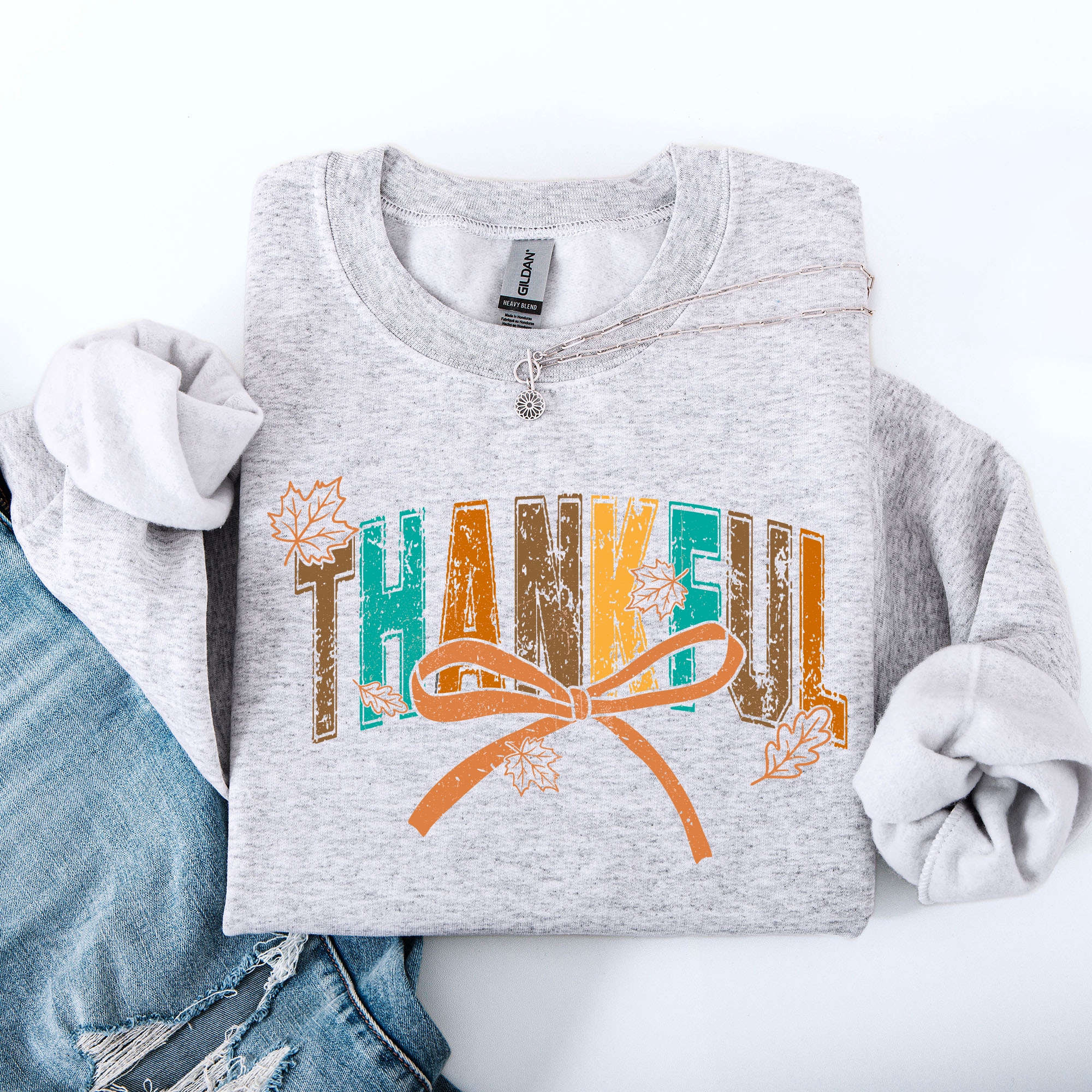 Thankful Fall Autumn Bow Ribbon Floral Sunflower Pumpkin Harvest Cozy Warm Seasonal Charm Sweatshirt