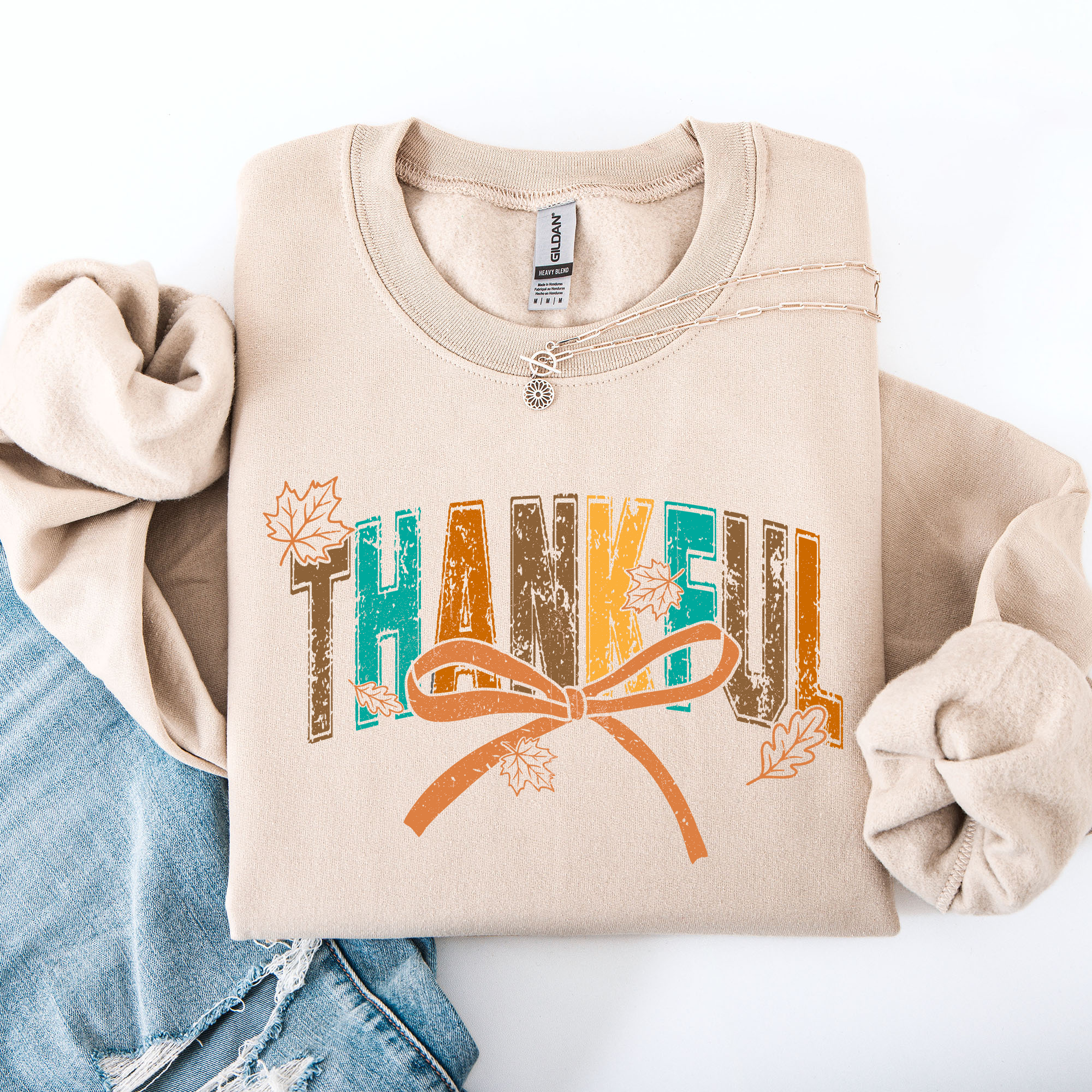 Thankful Fall Autumn Bow Ribbon Floral Sunflower Pumpkin Harvest Cozy Warm Seasonal Charm Sweatshirt