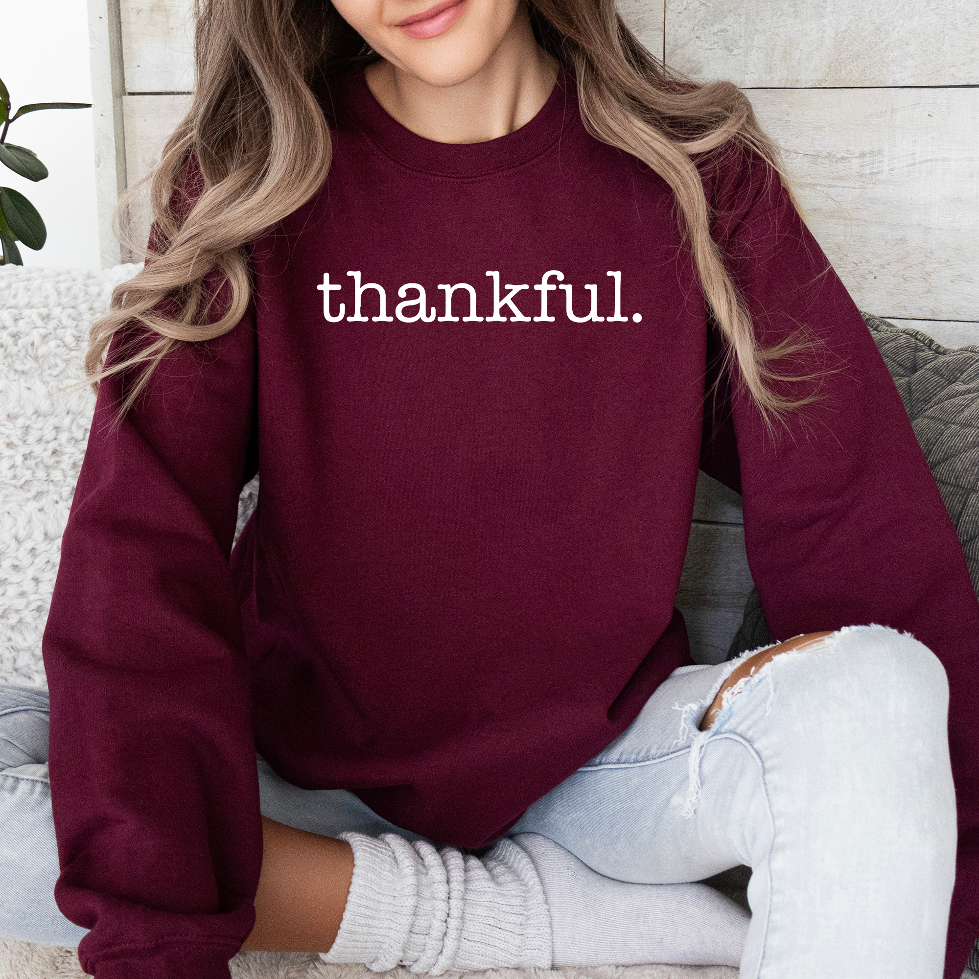 Thankful Minimalist Thanksgiving Autumn Fall Cozy Knit Cotton Premium Seasonal Warm Sweatshirt